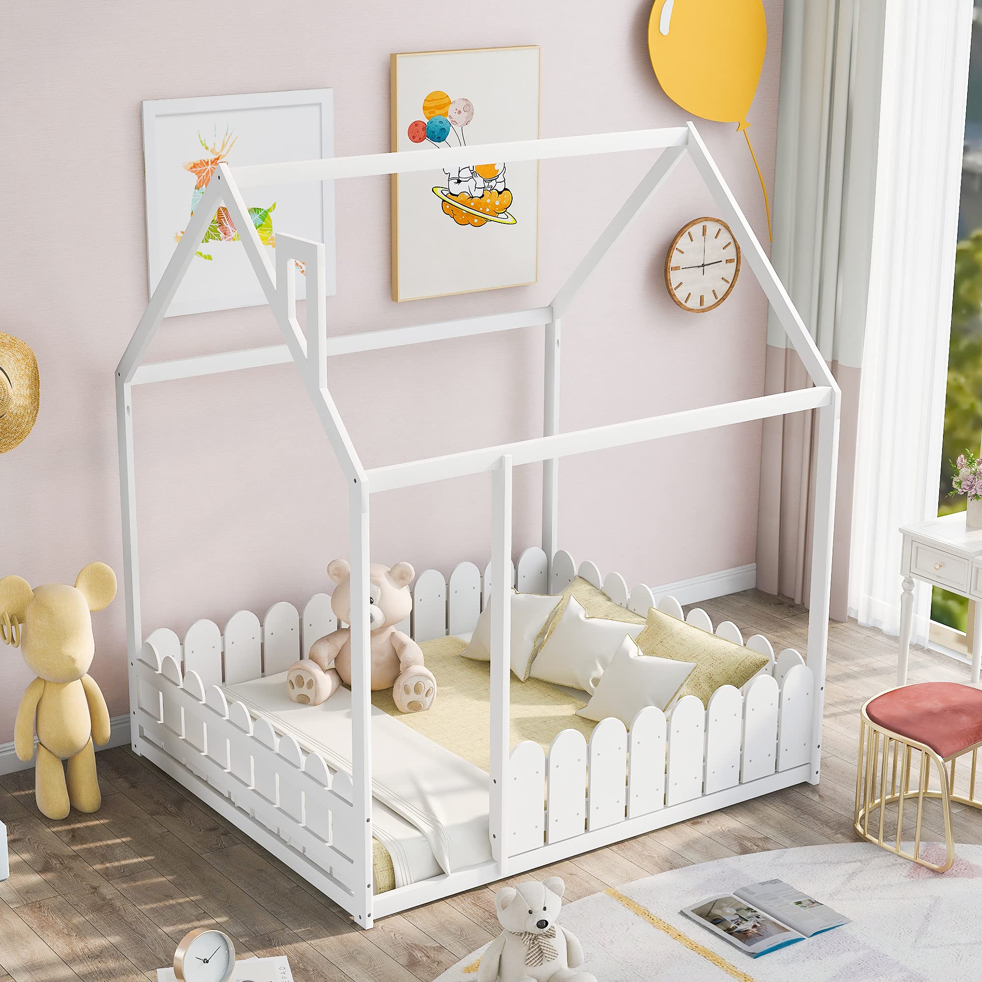 **Quarte House Full Size Wooden Floor Bed Frame for Kids with Roof & Fence - Cabin Style Tent Bed, High Weight Capacity (White) - Perfect for Playrooms, Bedrooms & Montessori Spaces**