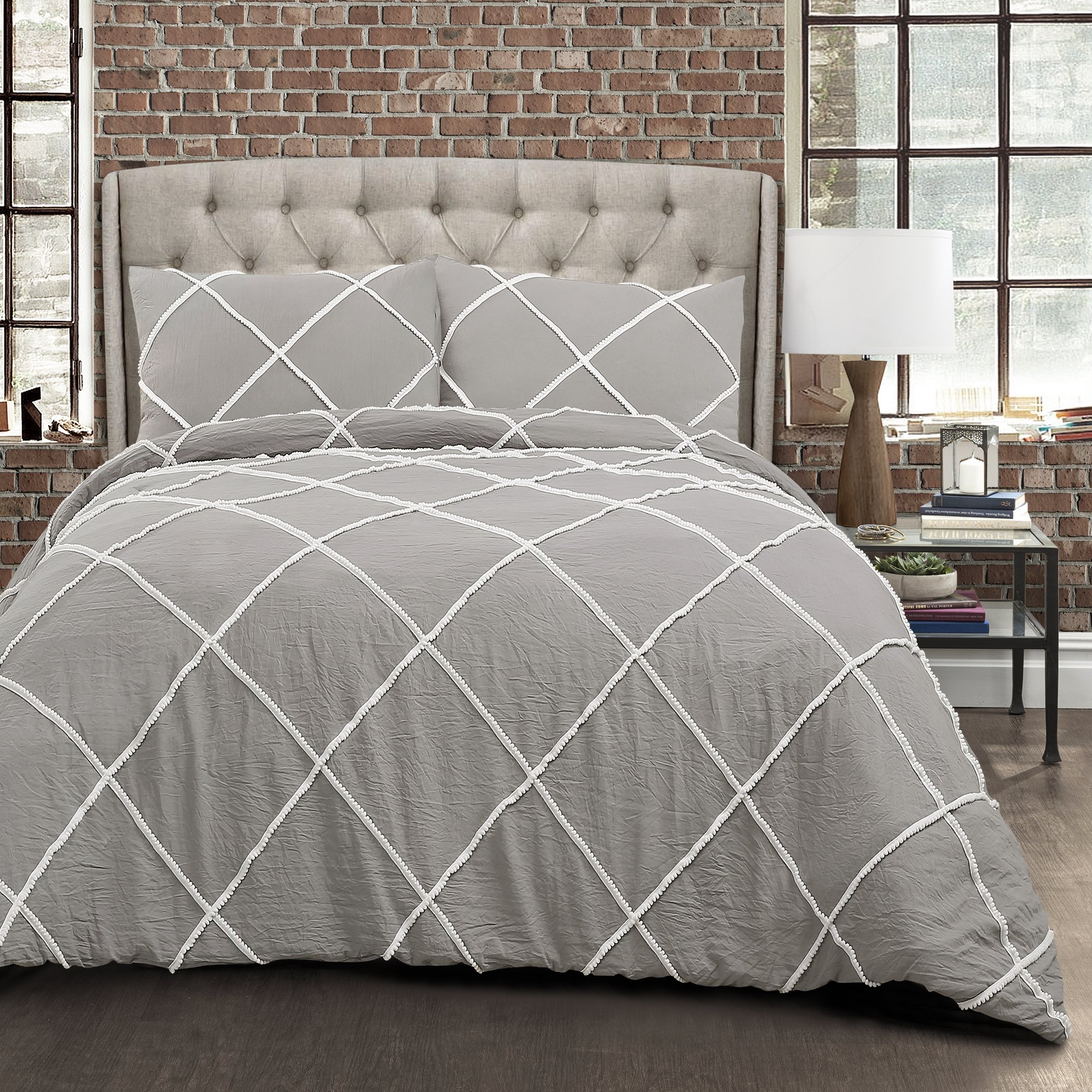 Lush Decor Diamond Pom Pom Comforter Set - King Gray for Bedroom Decor