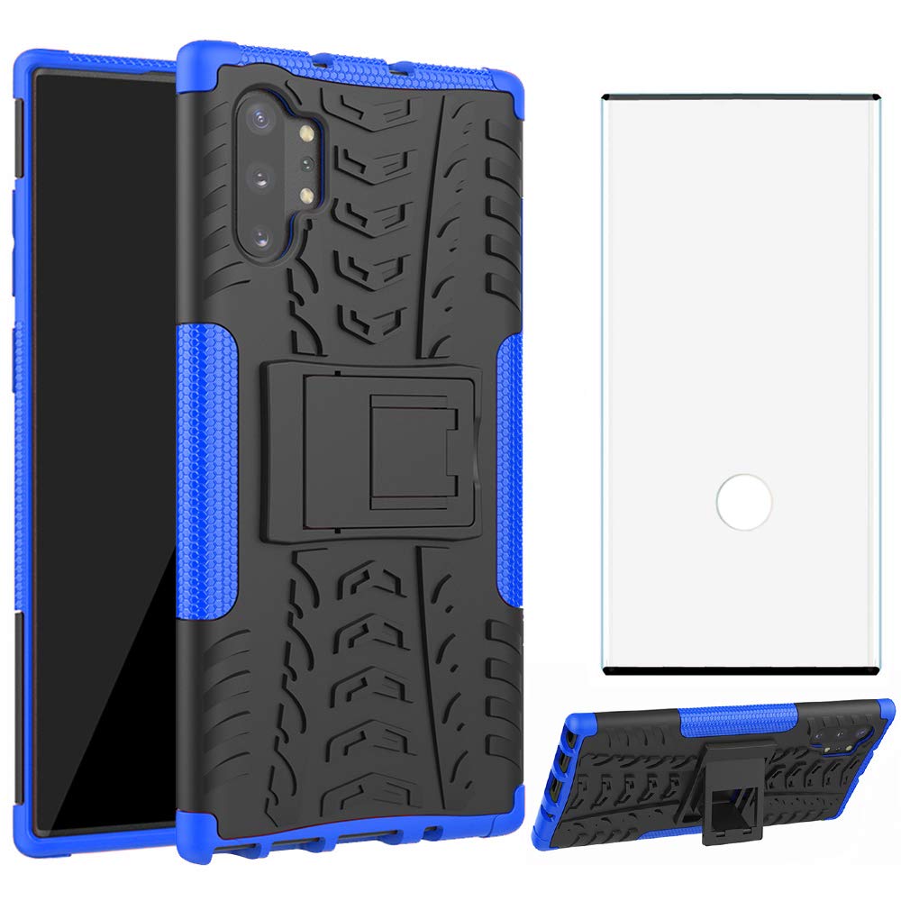 **Premium Rugged Hybrid Phone Case for Samsung Galaxy Note 10 Plus (5G) with Tempered Glass Screen Protector & Kickstand - Shockproof, Anti-Scratch Cover for Note 10+ | Perfect for Outdoor, Travel & Daily Protection (Black/Blue)**