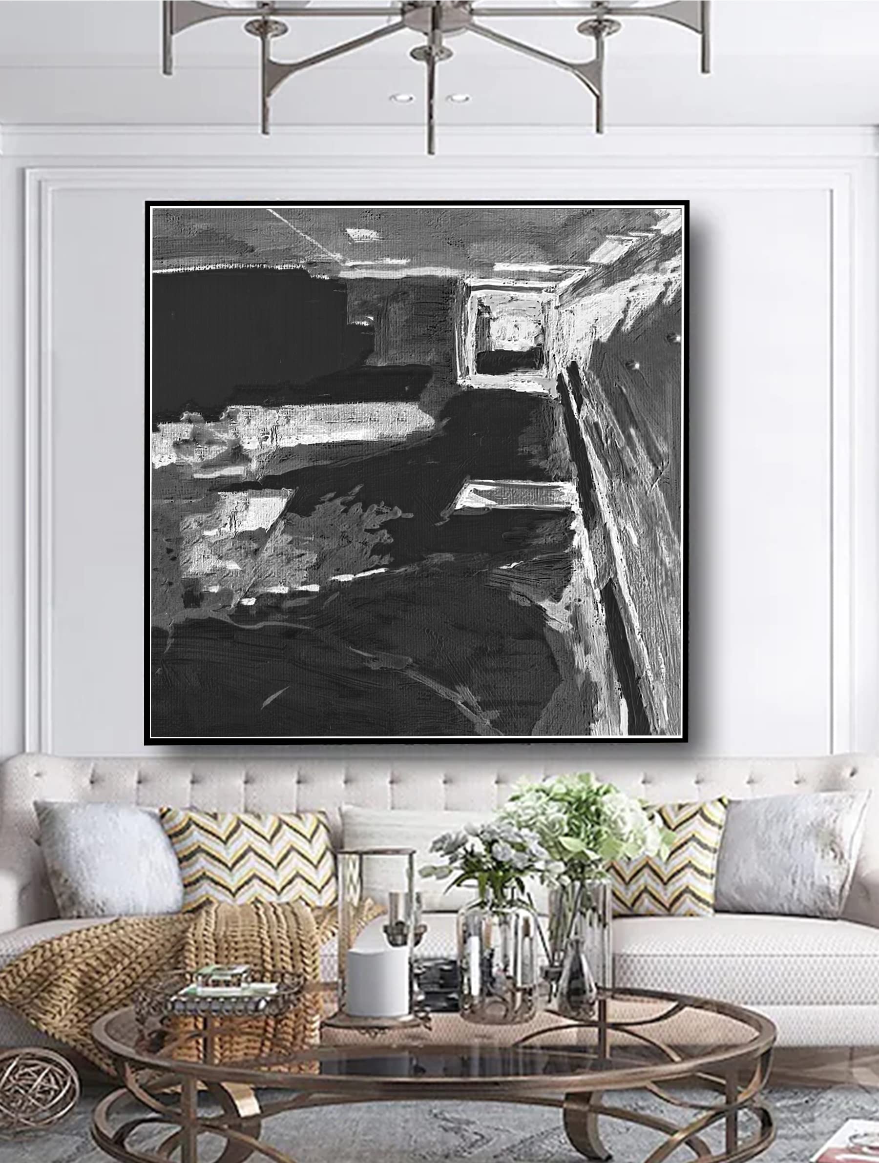 Abstract Cityscape Oil Painting on Canvas - Black and White Wall Art for Modern Home & Office Decor | Handmade Personalized Painting for Living Room, Bedroom & Workspace Aesthetics
