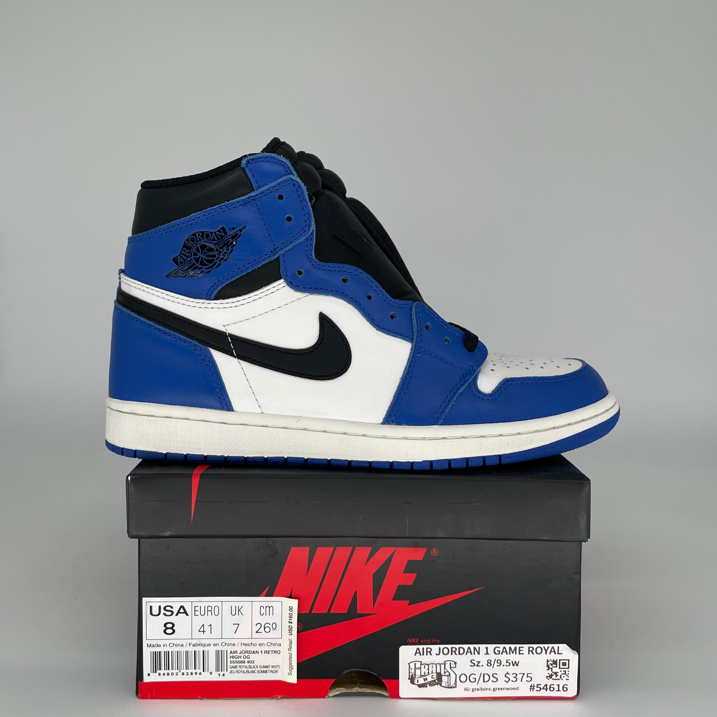 Original Air Jordan 1 Retro High OG 'Game Royal' Men's Basketball Shoes - Size 8 (555088-403) - Perfect for Streetwear & Sneaker Collectors