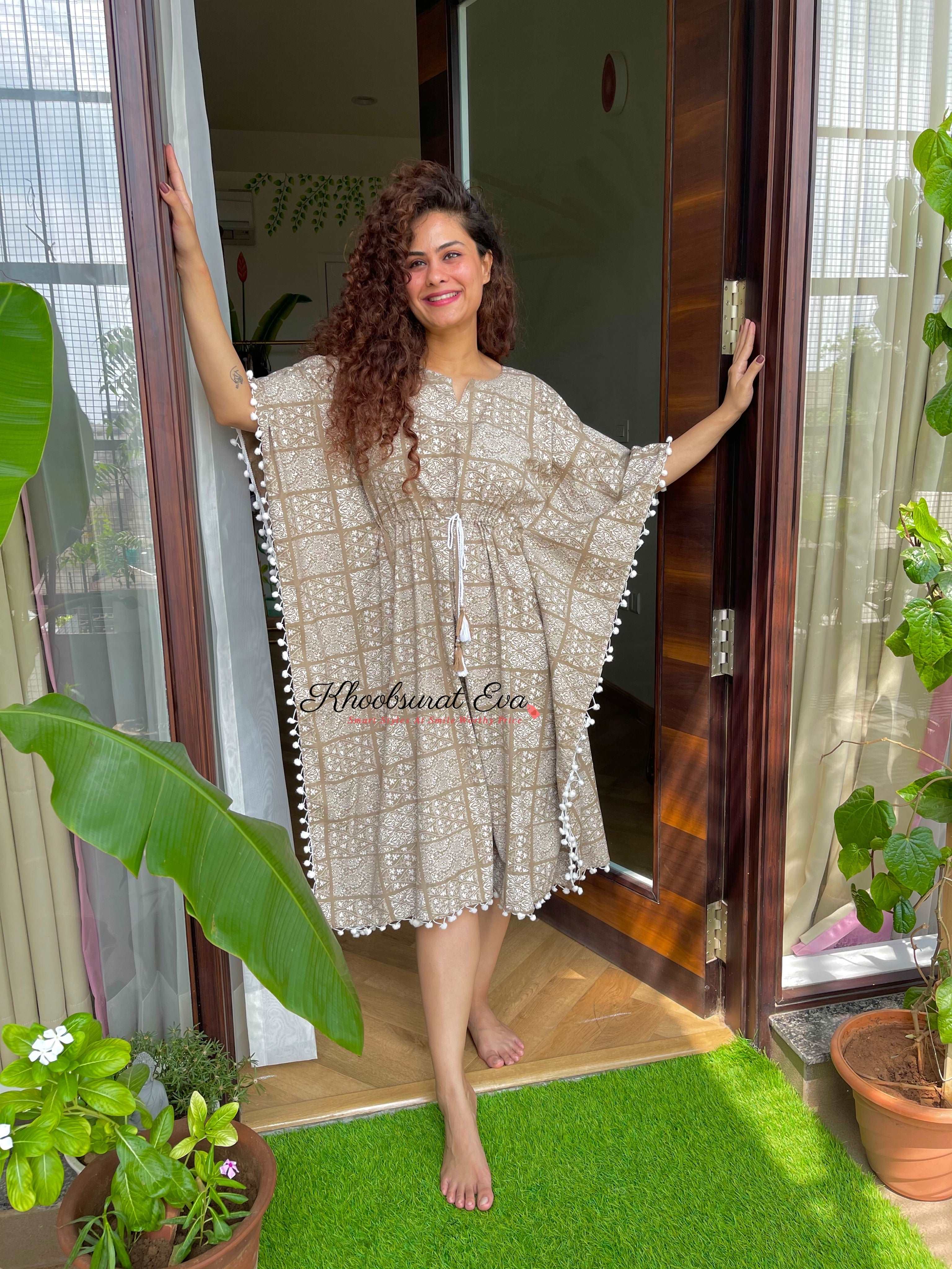 Beige and White Tassel Printed Cotton Kaftan Dress - Boho Chic Beach Cover Up for Women, Perfect for Vacation, Pool Party & Summer Outfits