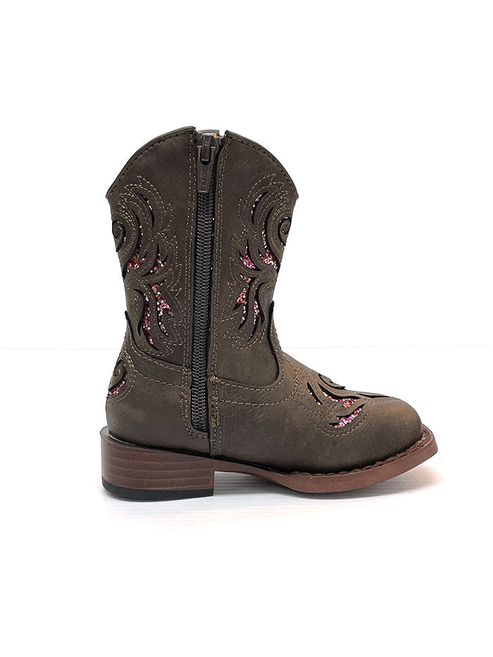 Roper 09 017 1901 2015 Toddler Girls' Glitter Breeze Square Toe Western Cowboy Boots - Brown Leather Booties for Kids - Perfect for Rodeo, Dance & Western Fashion