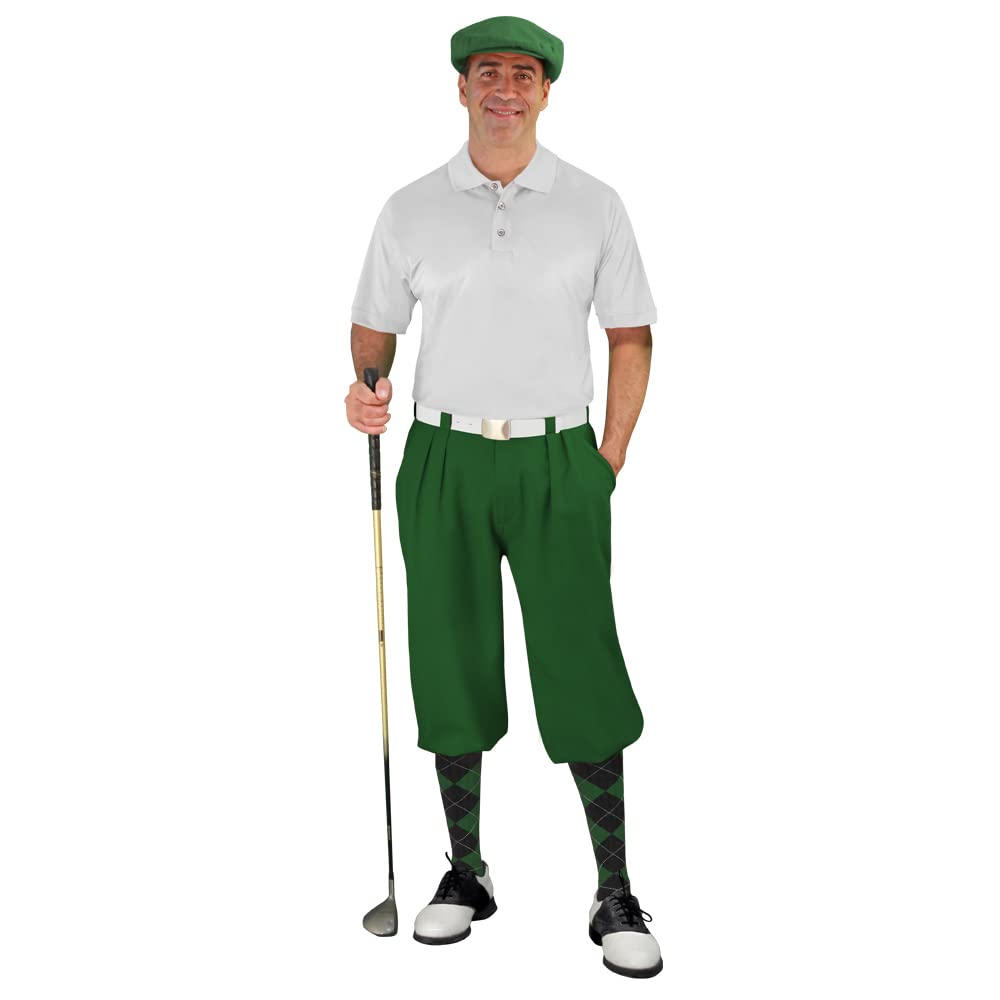 **Men's Golf Knickers Outfit - Dark Green Golf Pants with Matching Cap & Argyle Socks | Perfect for Golf Tournaments & Casual Wear**