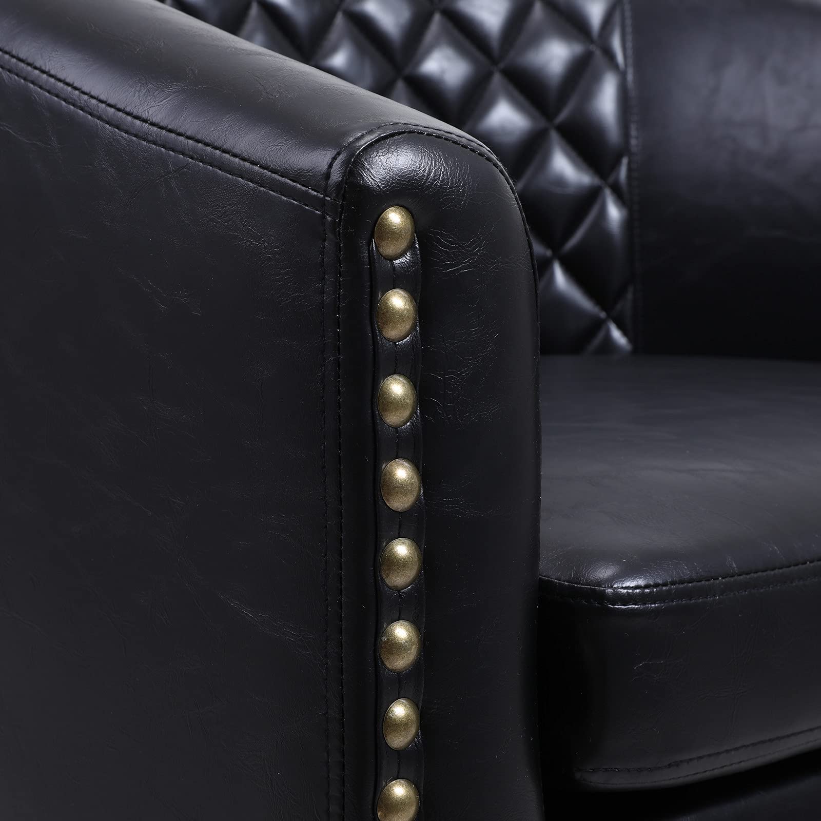 Premium Soft Leather Barrel Club Chair - Classic Upholstered Accent Armchair with Solid Wood Legs & Nailhead Trim for Living Room, Bedroom, Office & Guest Seating - Comfy Single Sofa Chair for Relaxing & Conversation (Black)