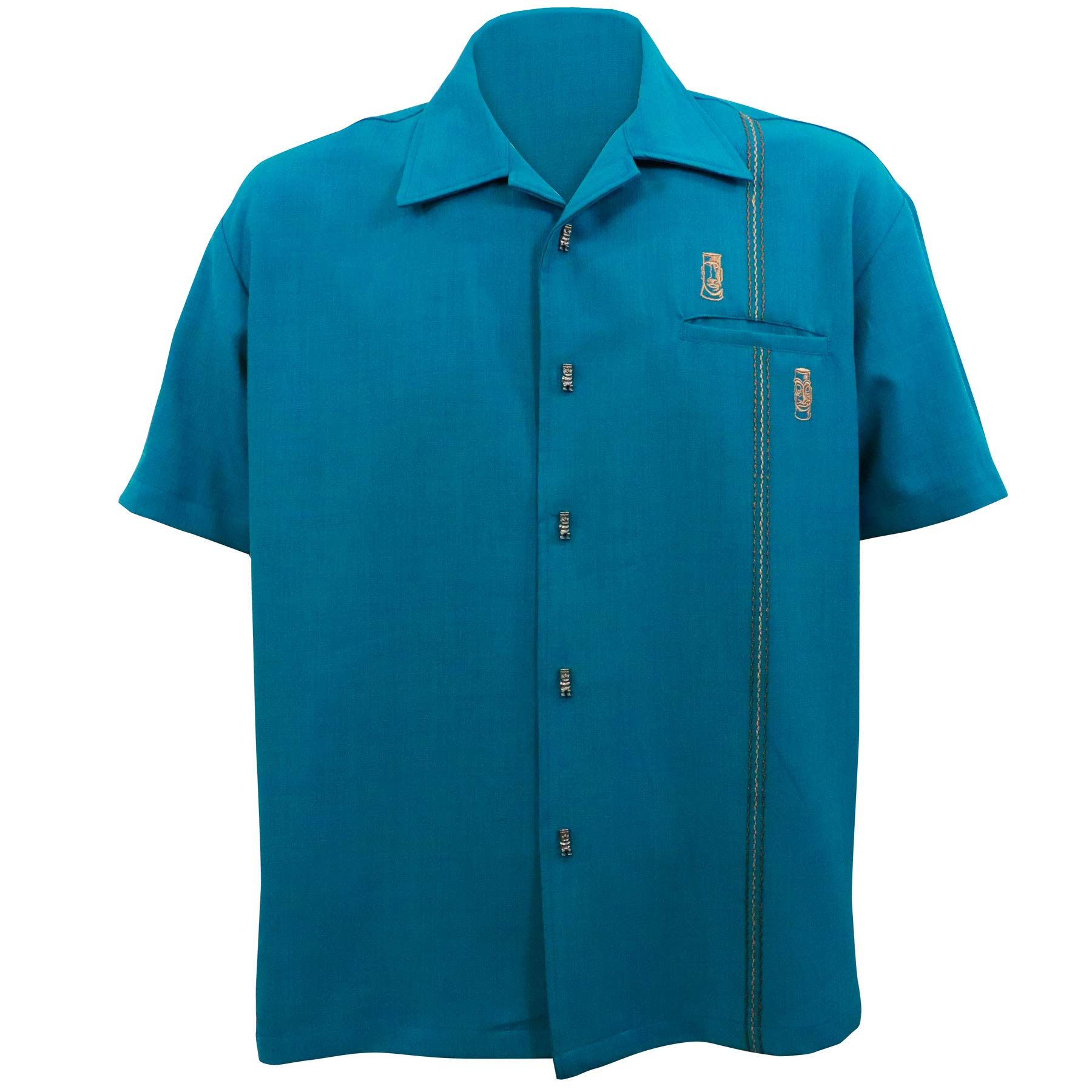 STEADY CLOTHING Men's Retro Hawaiian Tiki Bowling Shirt - Short Sleeve Button Up Casual Shirt for Men in Teal - Perfect for Beach Parties, Luau Events & Summer Vacations