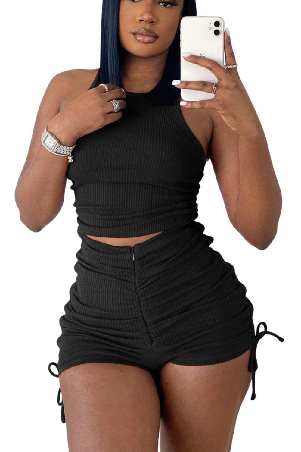 ESONLAR Women's 2-Piece Outfit - Sexy Crop Top & Ruched Shorts Set | Summer Workout Clothes, Yoga Gym Wear, Casual Street Style