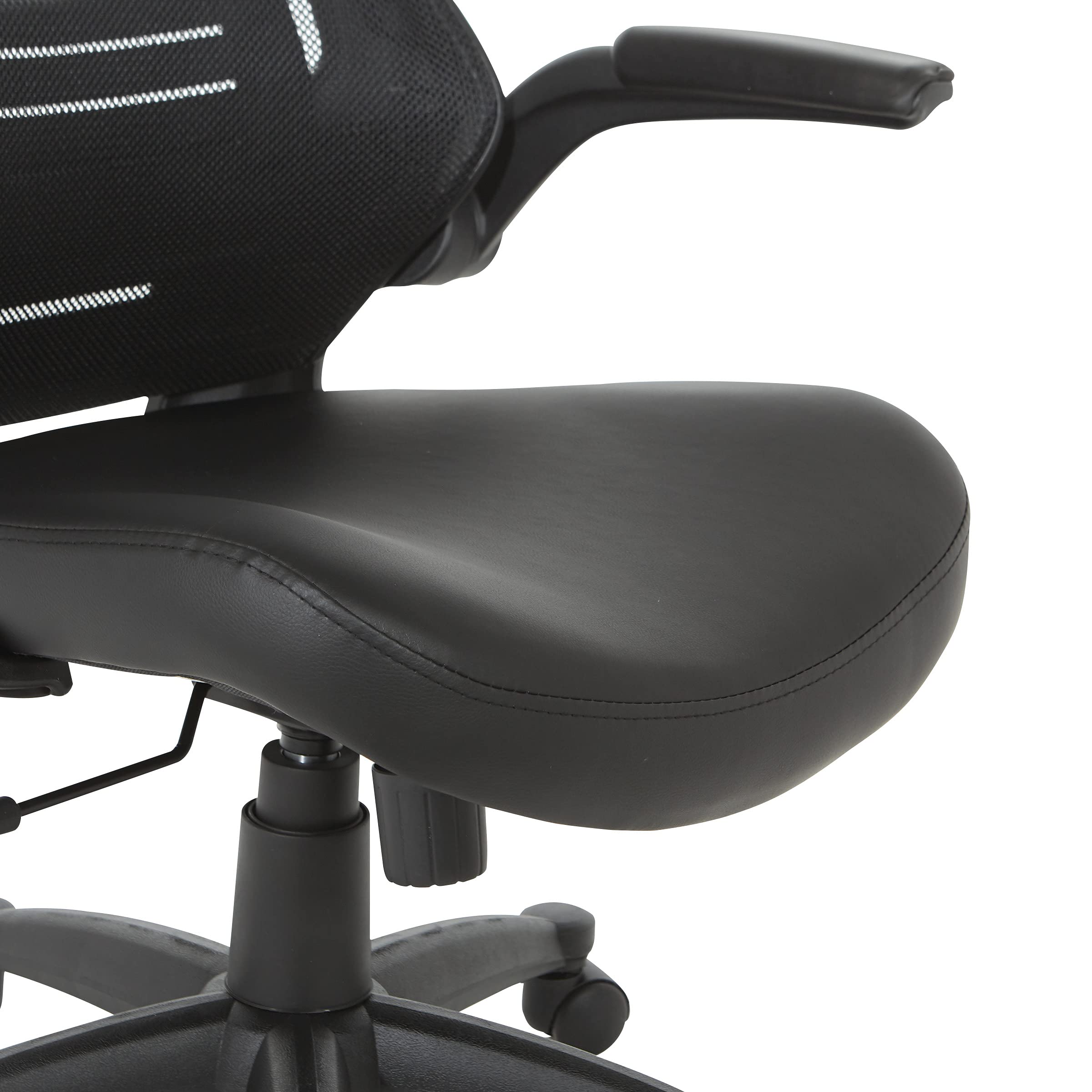 Office Star Ventilated Black Mesh Back Fully Adjustable Ergonomic Office Chair with Padded Flip-Up Arms and Swivel Nylon Base - Black Faux Leather Executive Chair for Home Office & Workspace
