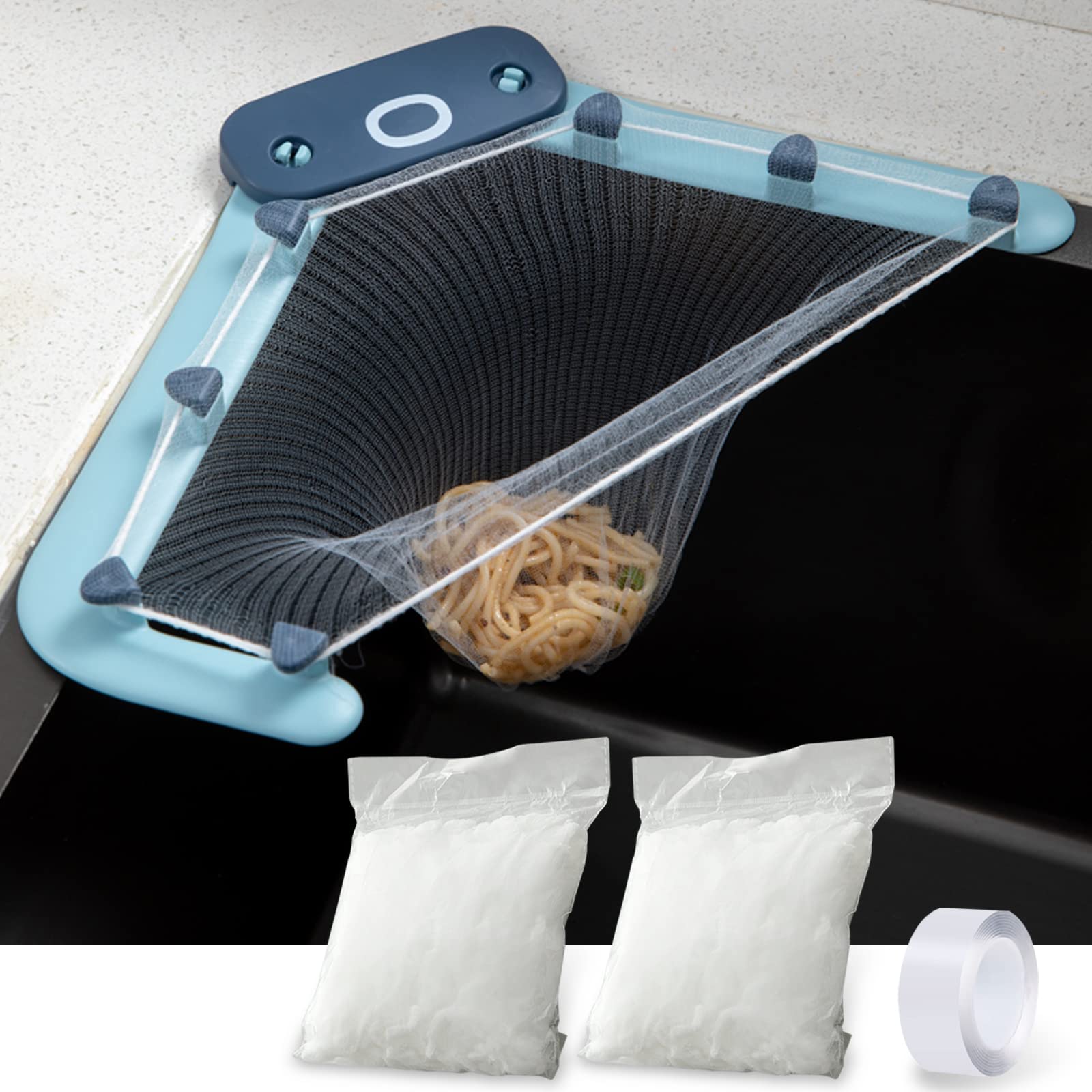 Octopus Triangle Sink Strainer with 100 Fine Mesh Filter Bags & Nano Tape - Cute Blue Kitchen Drain Basket for Garbage Storage, Dishwashing & Food Scraps Disposal