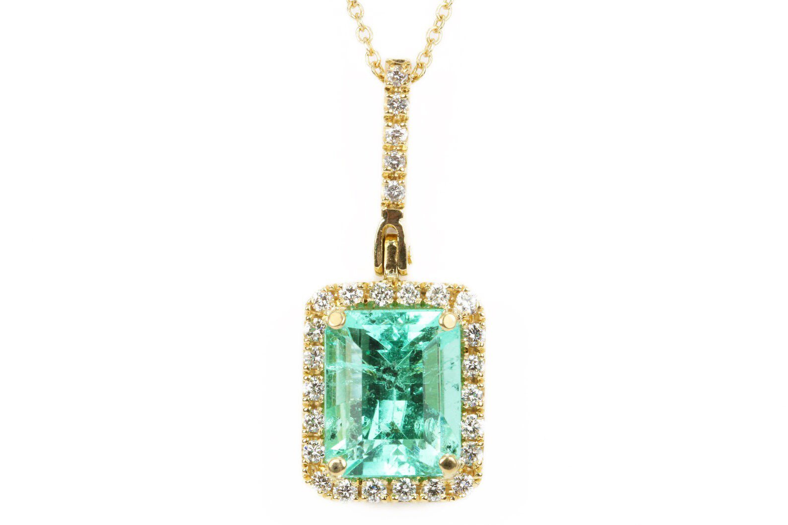 4.18TCW Natural Colombian Emerald & Diamond Halo Pendant in 14K Gold - Elegant Jewelry Gift for Women, Perfect for Weddings, Anniversaries & Special Occasions