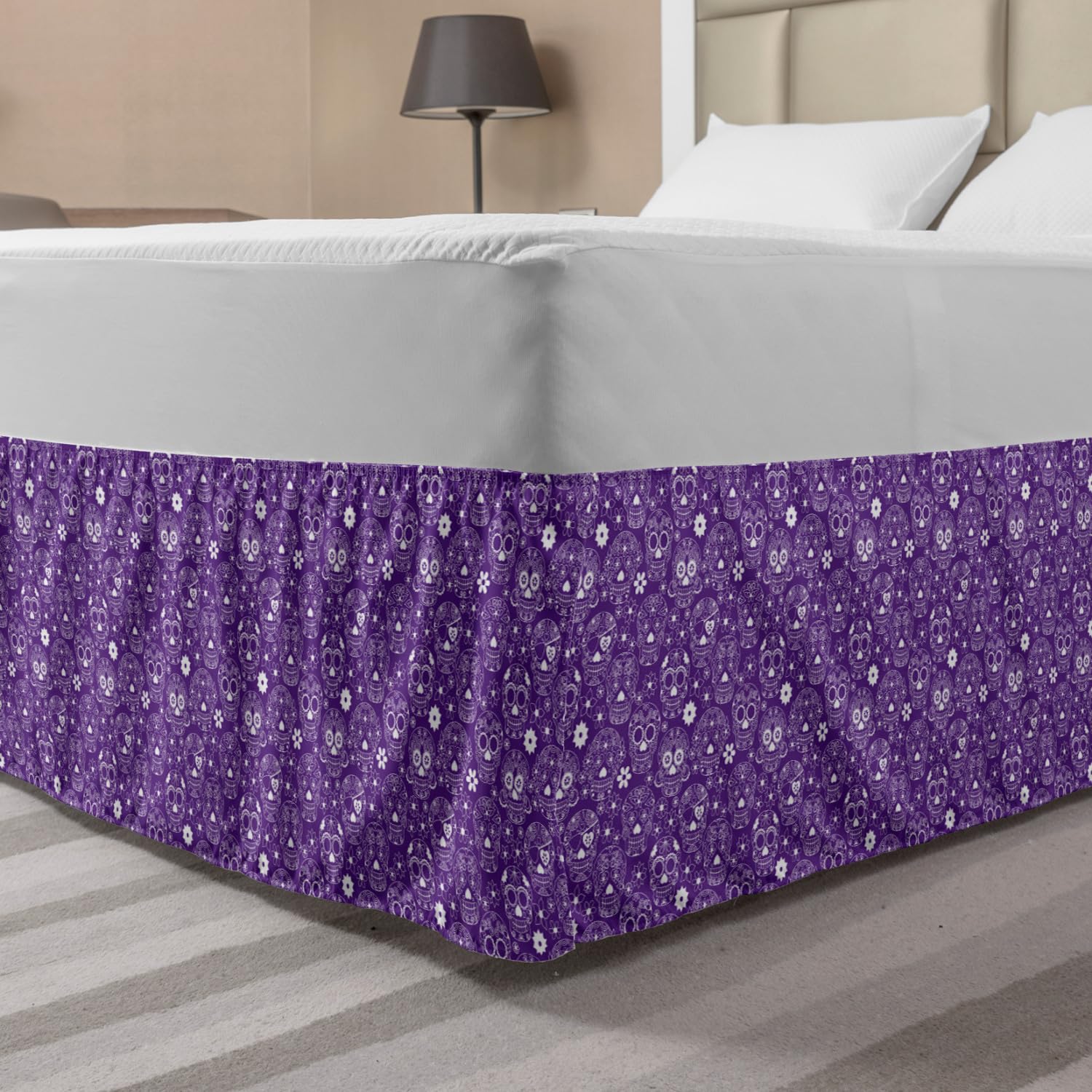 Ambesonne Day of The Dead Bed Skirt - Elastic Wrap Around Dust Ruffle with Floral Sugar Skull Design for King Size Beds, Violet & White - Perfect for Halloween Decor & Spooky Themed Bedrooms
