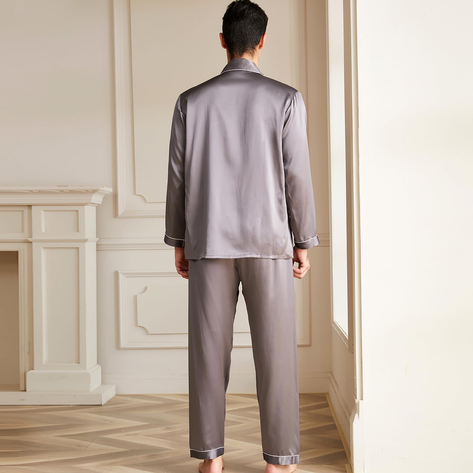 Luxury 19 Momme Mulberry Silk Pajama Set for Men - 2 Piece Long Sleeve Silk Pajamas, Lightweight & Breathable Sleepwear - Perfect for Relaxation, Lounging & Gift Giving