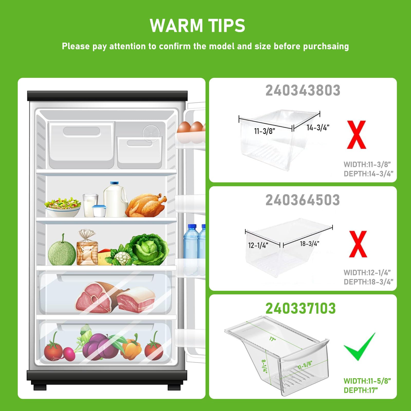 Frigidaire Kenmore Crosley Refrigerator Crisper Drawer Replacement - Food Grade Plastic Bin Compatible with Models 240337107, 240337108, 240337109 - 1 Pack - Perfect for Fresh Produce Storage in Your Kitchen Refrigerator