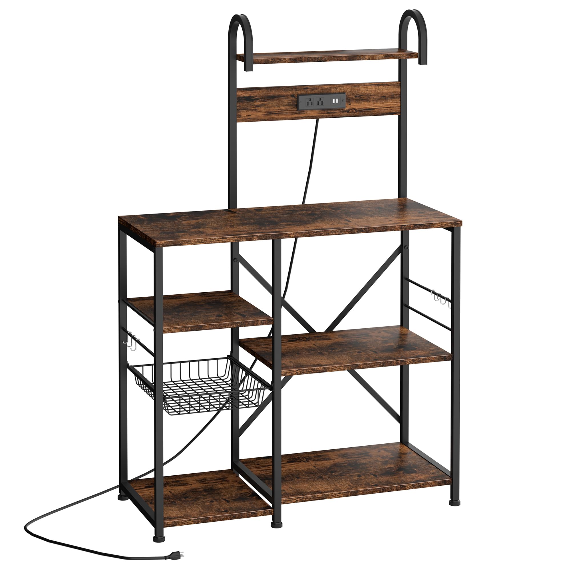 Vintage Brown Bakers Rack with Power Outlet & USB Ports - 3-Tier Wire Shelf with 6 Hooks, Microwave Stand, Kitchen Storage Organizer for Coffee Station, Baking Supplies, and Small Appliances - Perfect for Kitchen, Pantry, or Dining Room Organization