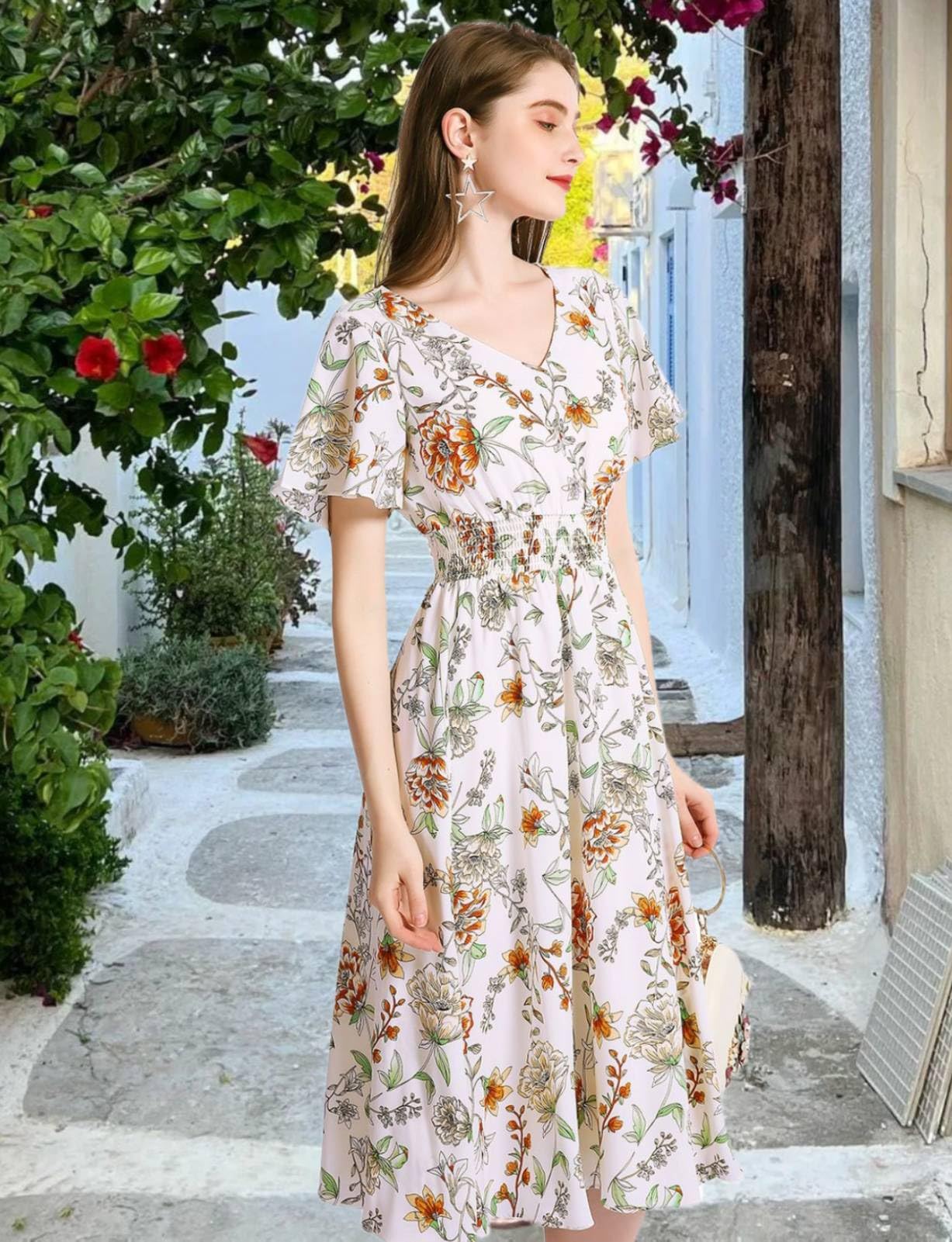 Gardenwed Women's Floral Chiffon Summer Dress with Elastic Waist - Perfect for Beach, Vacation & Outdoor Parties