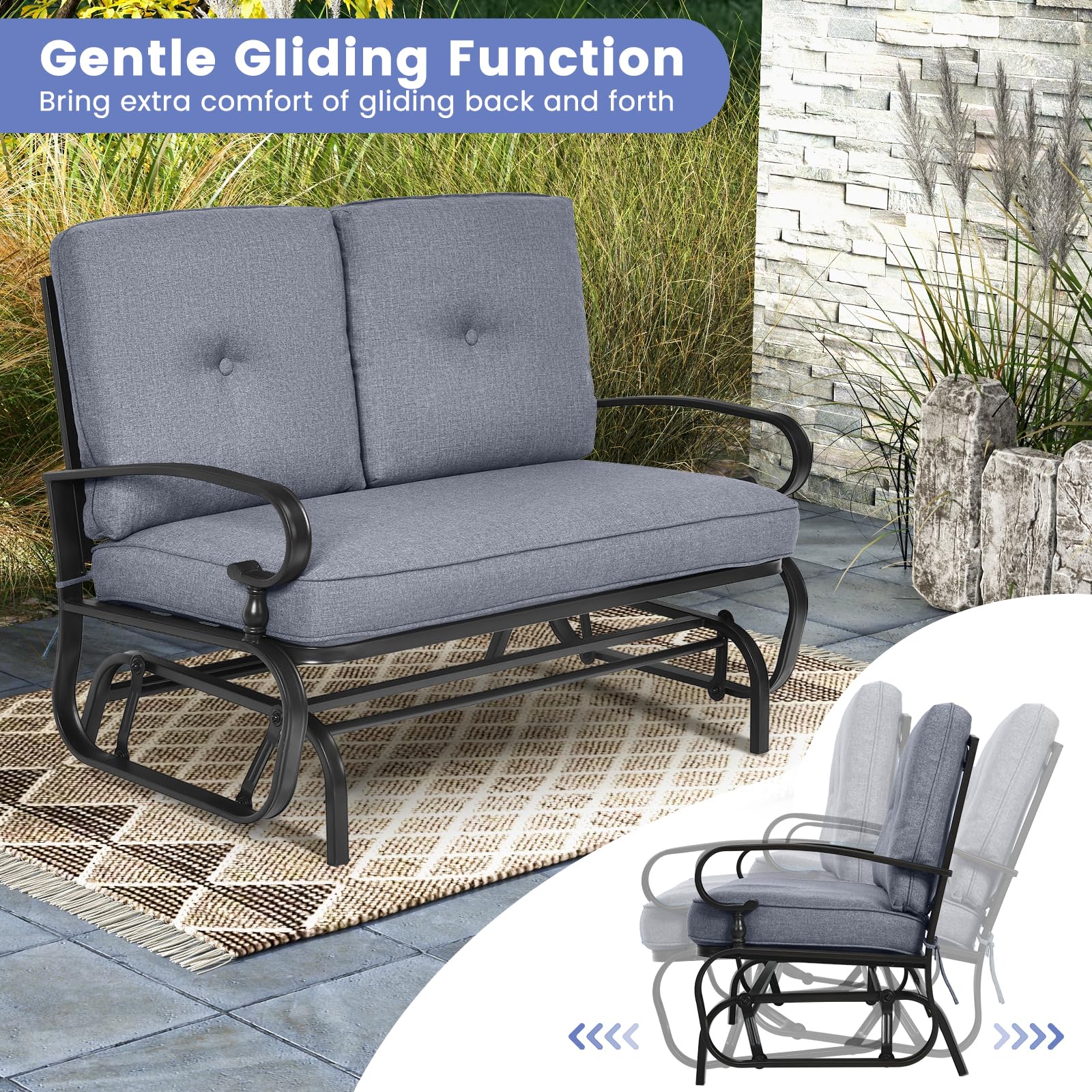 Tangkula 2-Person Outdoor Swing Glider Chair - Patio Loveseat with Steel Frame & Comfortable Cushions - Perfect for Garden, Porch, Balcony & Poolside Relaxation (Grey) - Ideal for Backyard Lounging, Sunset Watching & Outdoor Conversations