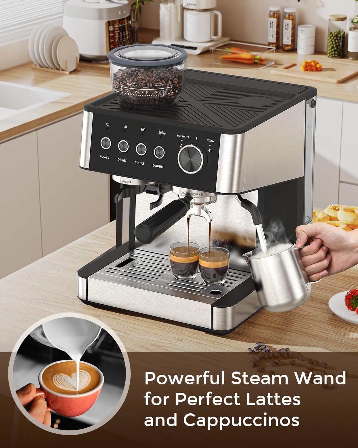 Professional 20 Bar Espresso Machine with Built-in Grinder & Milk Frother Steam Wand - Removable Water Tank for Easy Cleaning - Perfect for Home Baristas Making Cappuccino, Latte & Espresso - Ideal for Kitchens, Offices & Coffee Shops