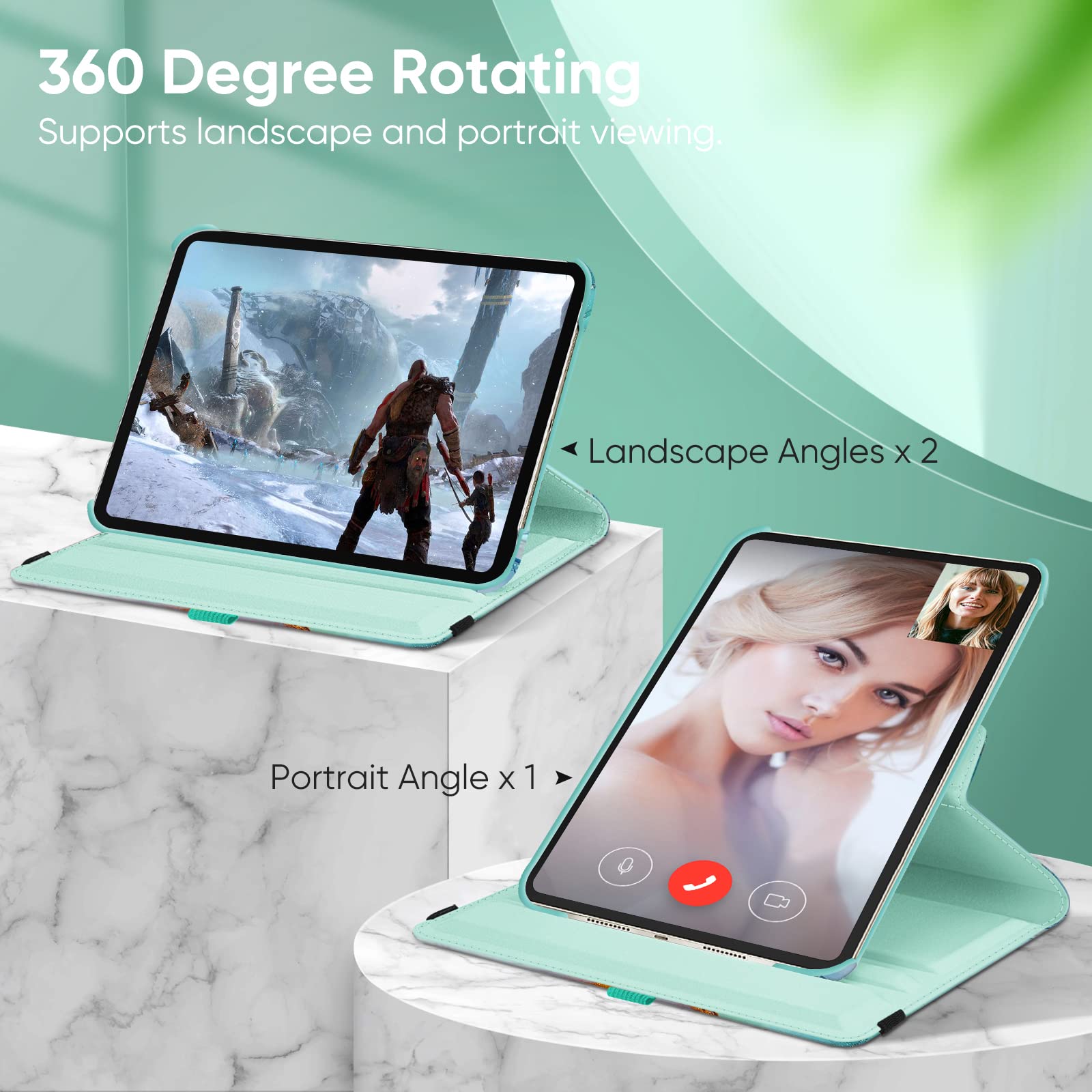 Fintie 360 Rotating Stand Case for iPad Mini 7 (2024, A17 Pro) & iPad Mini 6 (8.3 Inch) - Protective Cover with Auto Wake/Sleep, Emerald Marble Design - Perfect for Work, Study, and Entertainment
