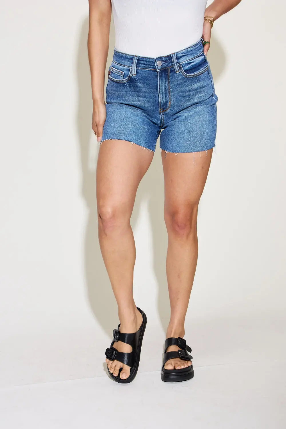 Judy Blue High Waist Slim Denim Shorts for Women - Stretchy Comfort Fit Distressed Denim Shorts | Perfect for Summer, Beach, and Casual Outings
