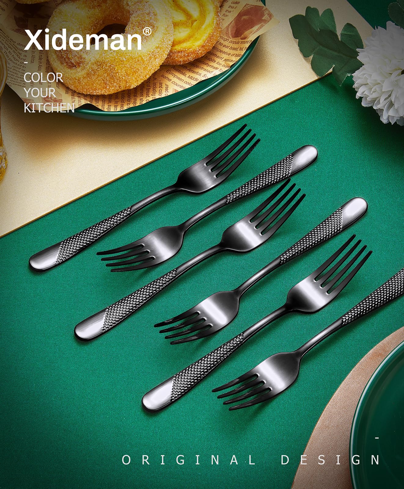 Xideman® 12-Piece Premium Hammered Salad Forks Set - 6.7 Inch 18/10 Stainless Steel Mirror Polished Silverware - Elegant Dessert Forks for Home Kitchen & Restaurant Use - Dishwasher Safe Black Cutlery - Perfect for Dinner Parties, Weddings & Fine Dining