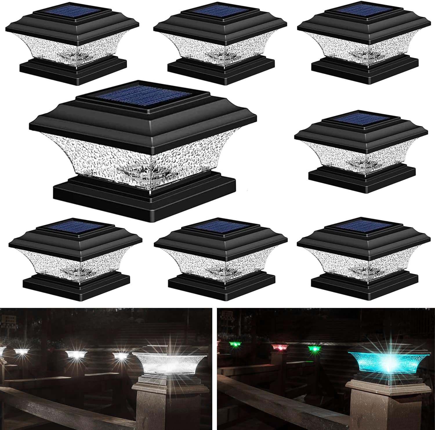 HUYIENO Solar Post Cap Lights Outdoor - 8 Pack LED Deck & Fence Lighting with Warm White & 7 RGB Color Changing Modes - Waterproof for 4x4 & 5x5 Wooden Posts (Black) - Perfect for Garden, Patio, Pathway & Backyard Decoration