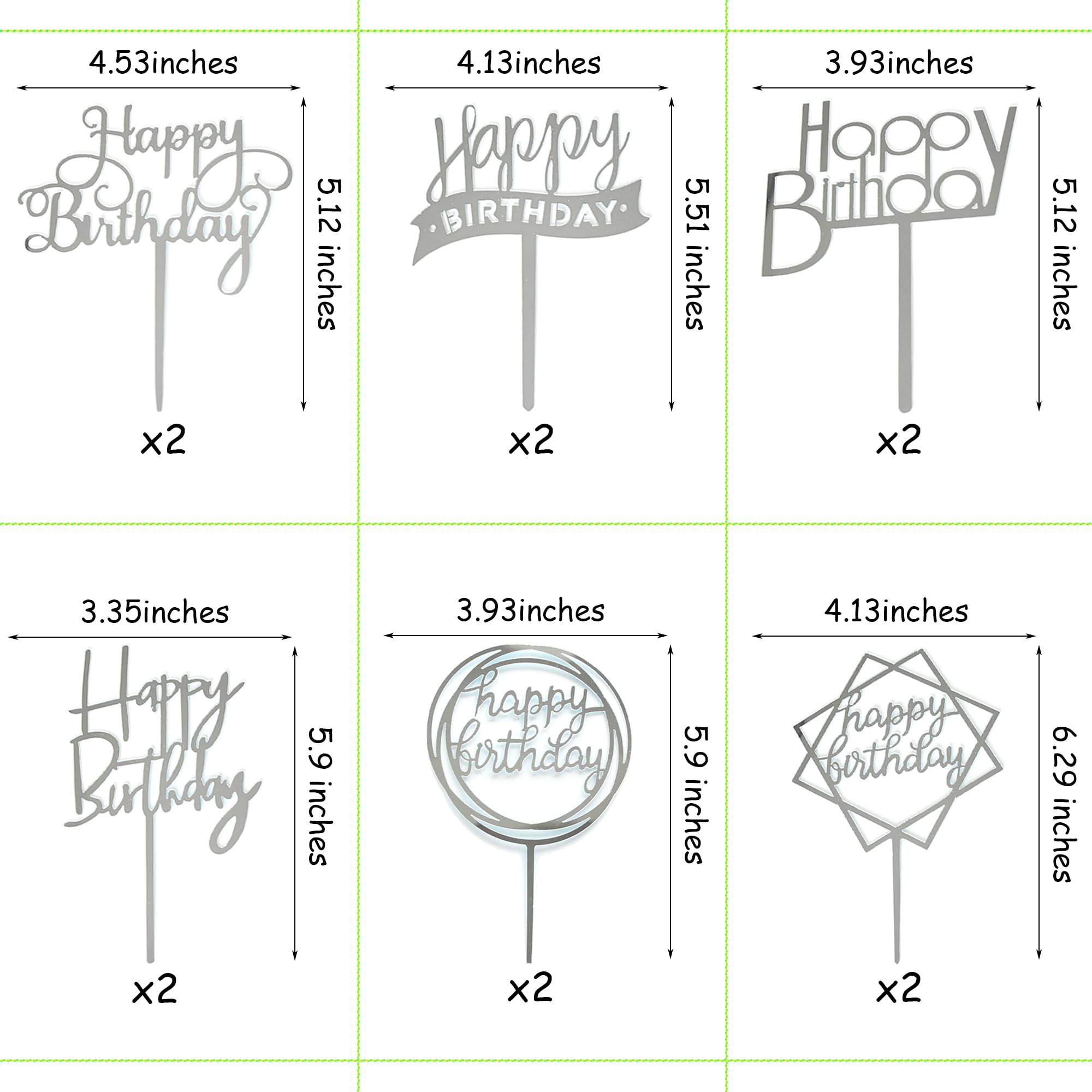 12 Pack Acrylic Birthday Cake Toppers Set - Multi-Style Cake Bunting Decorations with Silver Cake Picks for Party Supplies | Perfect for Birthday Cakes, Cupcakes, Wedding & Baby Shower Decorations