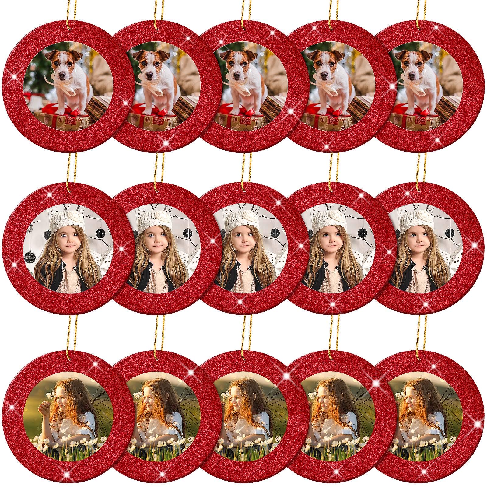 Jetec 15-Piece 2025 Christmas Glitter Magnetic Photo Ornaments Set - 13.12ft Gold Thread Hanging Picture Frames for Christmas Tree Decorations (Red) | Perfect for Holiday Memories, Family Photos & Festive Gift Giving