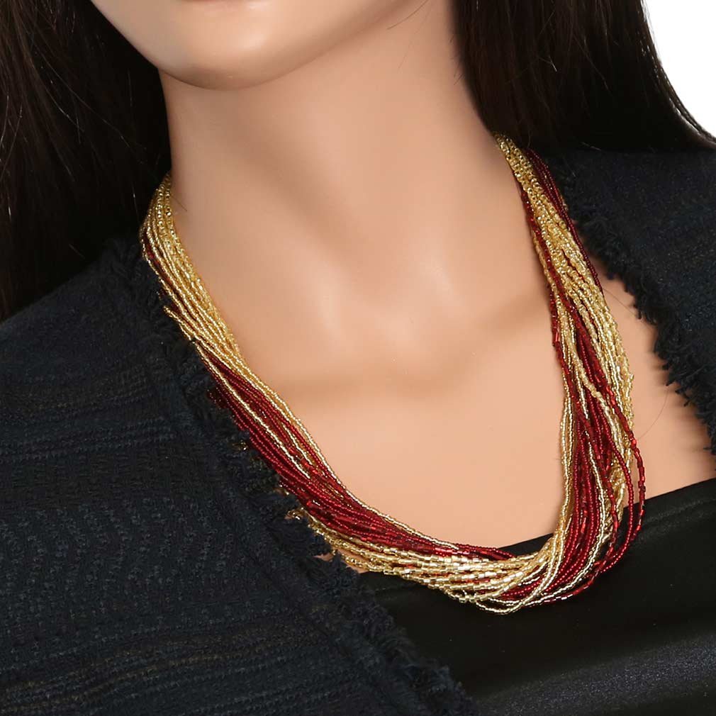Venetian Murano Glass Gloriosa 24-Strand Seed Bead Necklace - Red & Gold Handmade Jewelry | Perfect for Weddings, Parties & Special Occasions