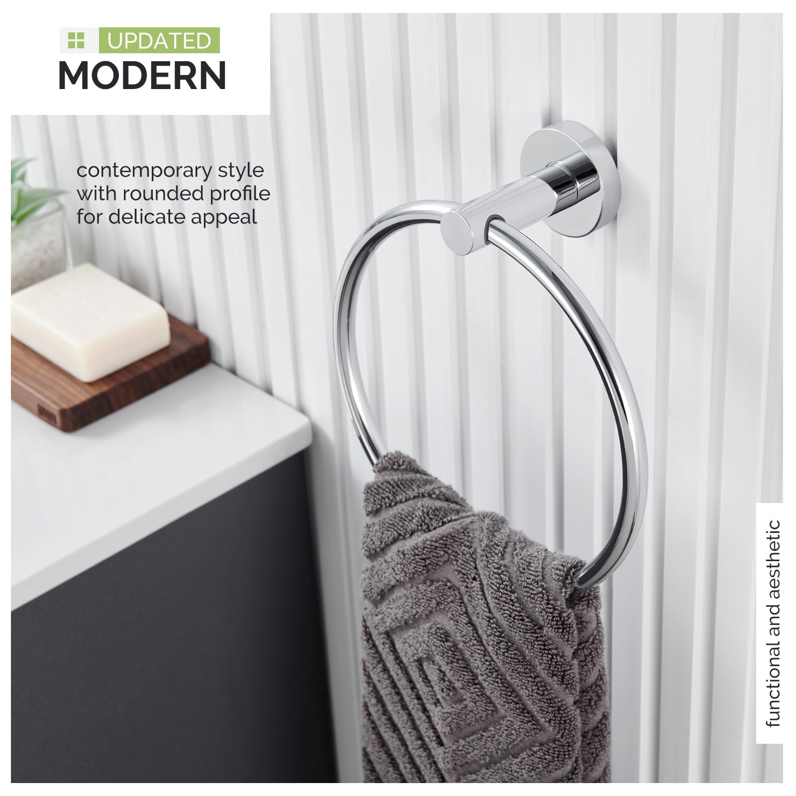 Stainless Steel Wall Mounted Bath Towel Ring Holder - Heavy Duty Chrome Angle Towel Hanger for Bathroom, Kitchen & Spa - Rustproof Round Hand Towel Rack with Easy Installation