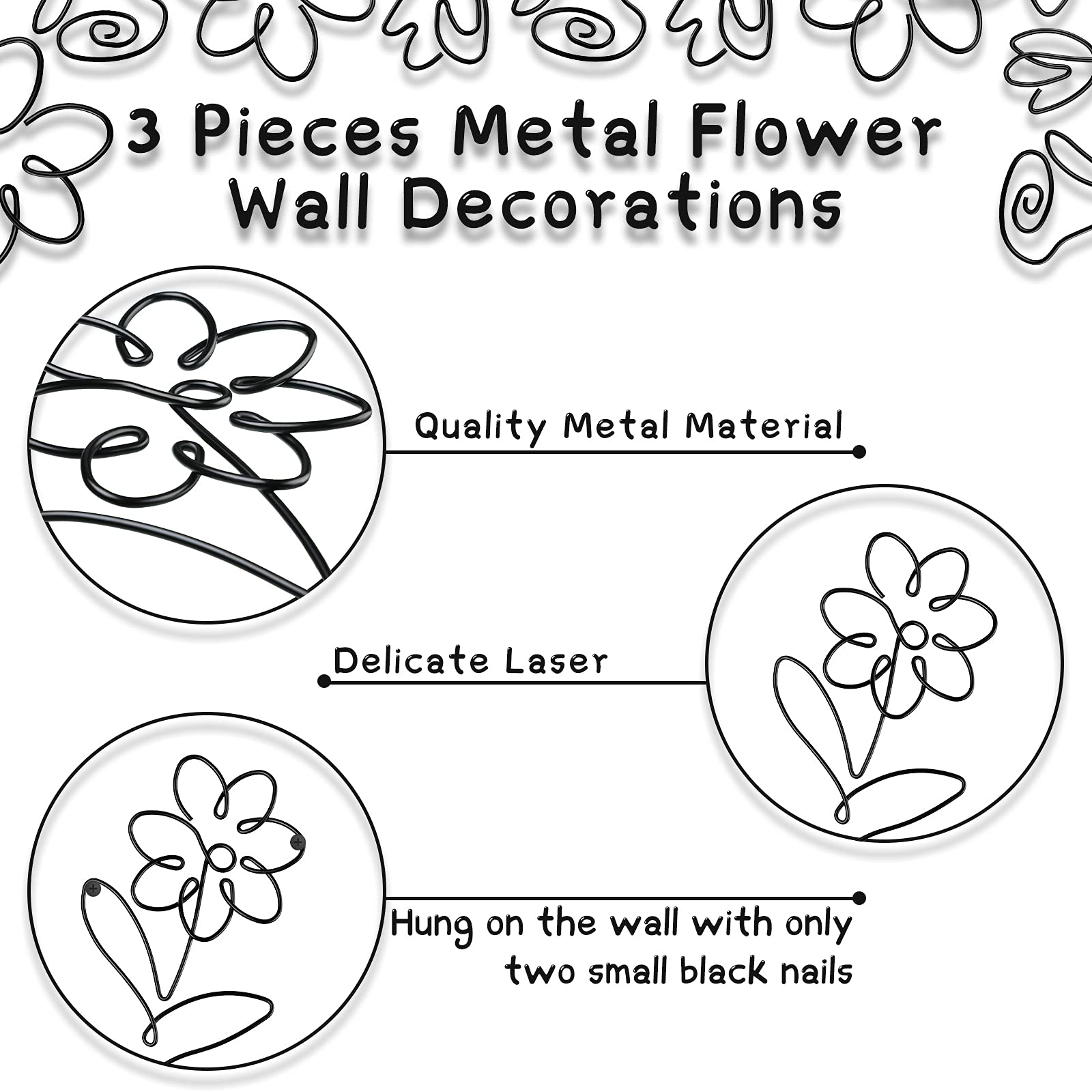 Minimalist Black Metal Flower Wall Decor - Boho Hanging Art for Bedroom, Bathroom, Garden