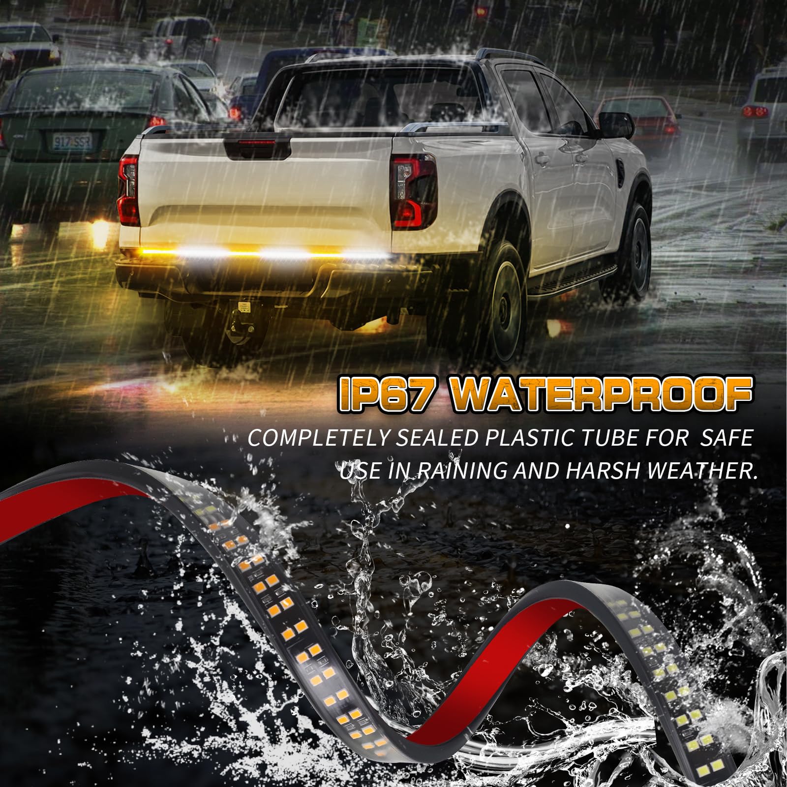 XRIDONSEN 48 Inch LED Truck Tailgate Strobe Light Bar - 288 Super Bright Amber & White Flashing Warning Lights for Emergency Safety - Heavy Duty Hazard Lights for Plow Trucks, Construction Vehicles, Pickup Trailers & Work Trucks - Ideal for Night Work, Roadside Assistance & Off-Road Adventures
