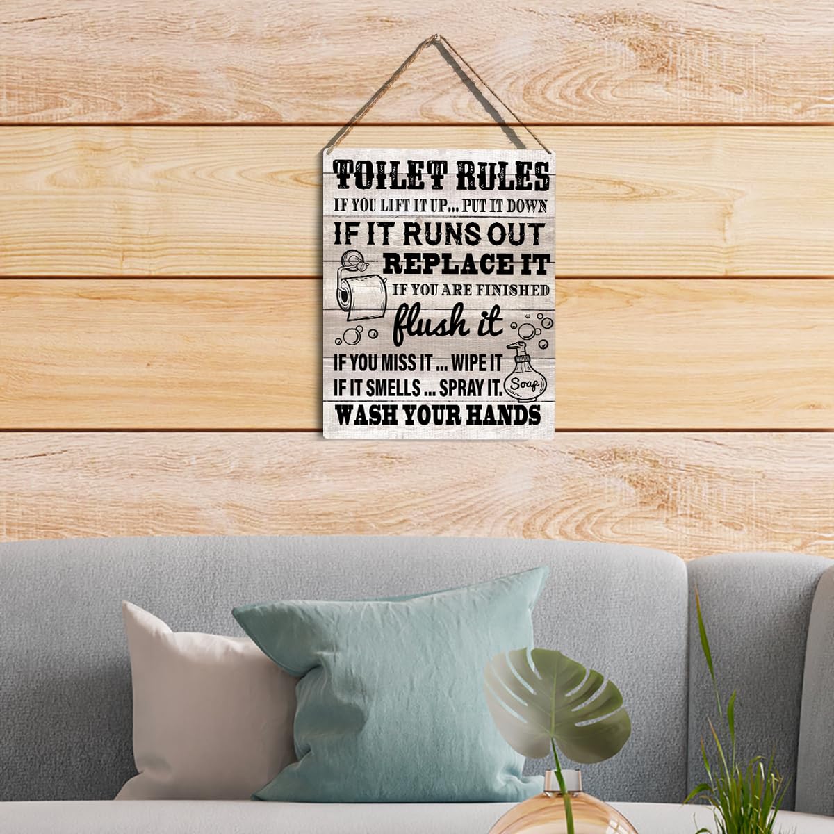 Farmhouse Bathroom Rules Sign - Rustic Wooden Wall Plaque with 'Wash Your Hands' Message - 8x10 Inch Toilet Door Decor for Home, Office, or Restaurant Bathroom