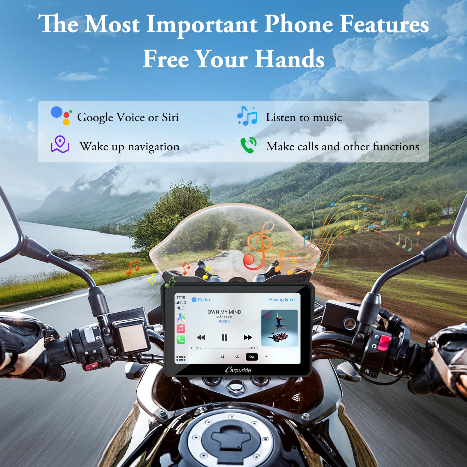 Carpuride W702 7-Inch Waterproof Motorcycle GPS Navigation System with Apple CarPlay & Android Auto, Dual Bluetooth, Siri & Google Assistant, 64GB TF Card - Perfect for Adventure Riding, Commuting & Road Trips