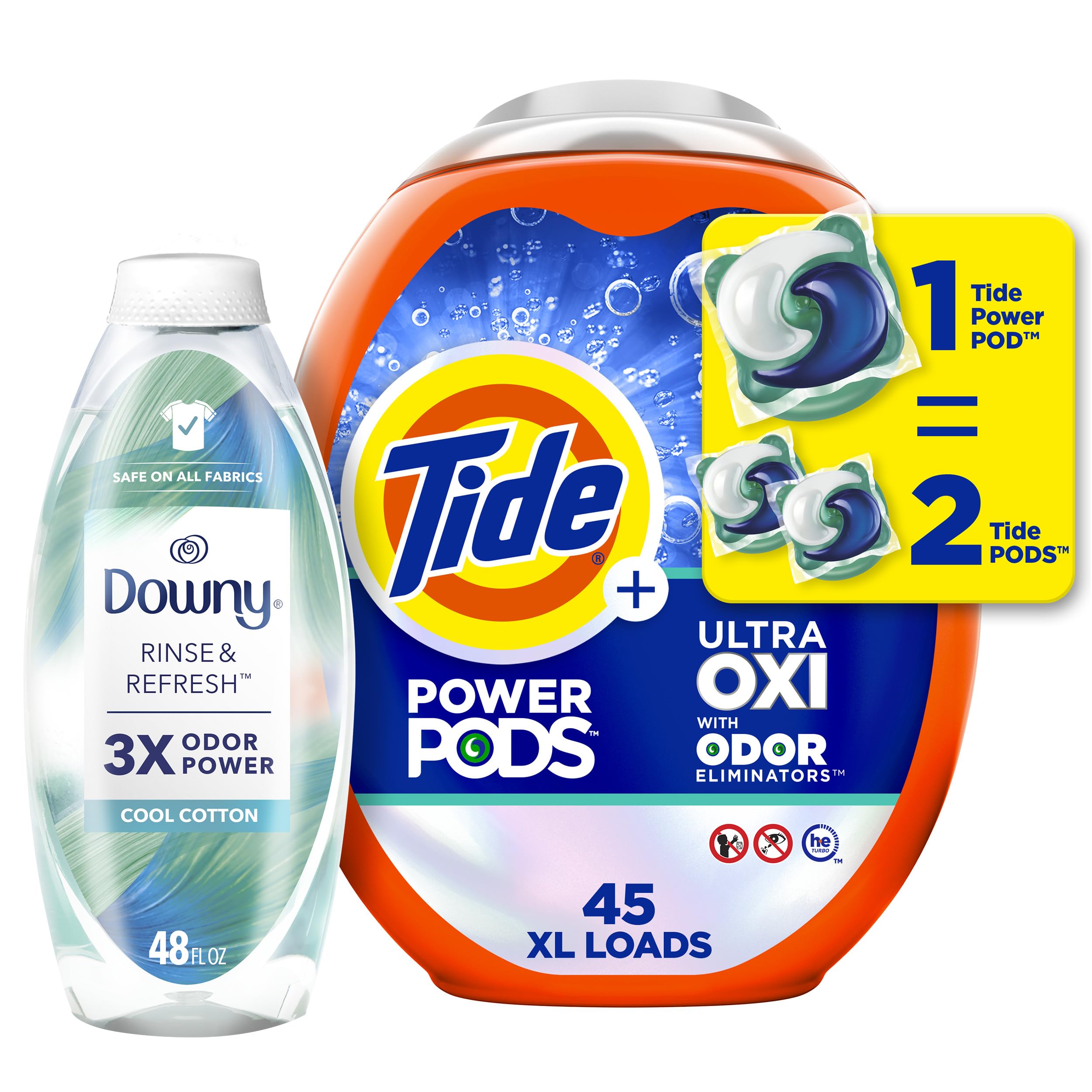 Tide Ultra OXI Power PODS with Odor Eliminators Laundry Detergent Pacs (45 Count) + Downy Rinse & Refresh Liquid Fabric Softener, Cool Cotton Scent (48 Fl Oz) - Fresh & Powerful Laundry Solution for Stubborn Stains & Odors, Perfect for Active Families & Gym Clothes