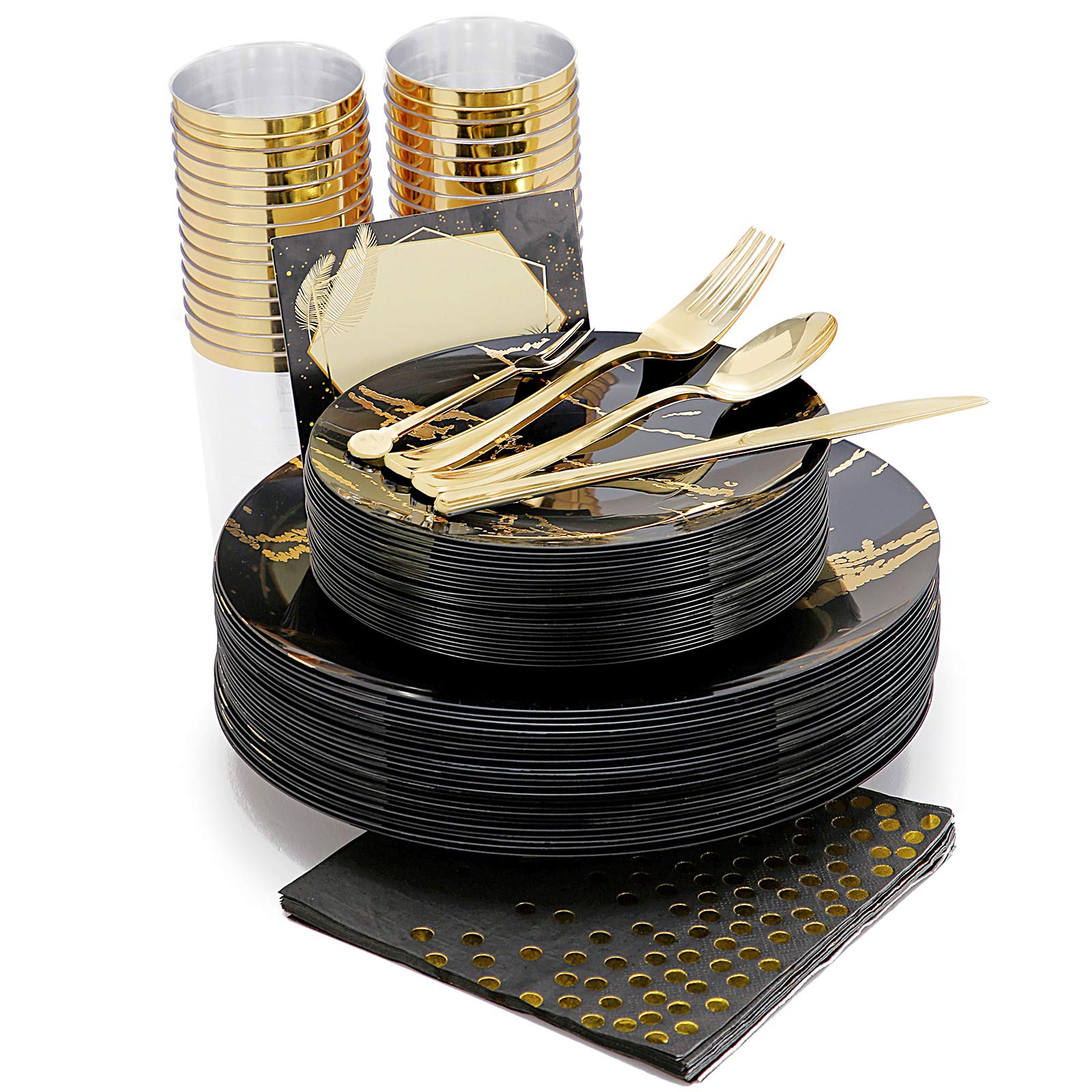 225-Piece Black & Gold Disposable Plastic Dinnerware Set - 25 Dinner Plates, Dessert Plates, Forks, Gold Cups, Napkins & Table Cards - Elegant Party Supplies for Halloween, Weddings & Special Events
