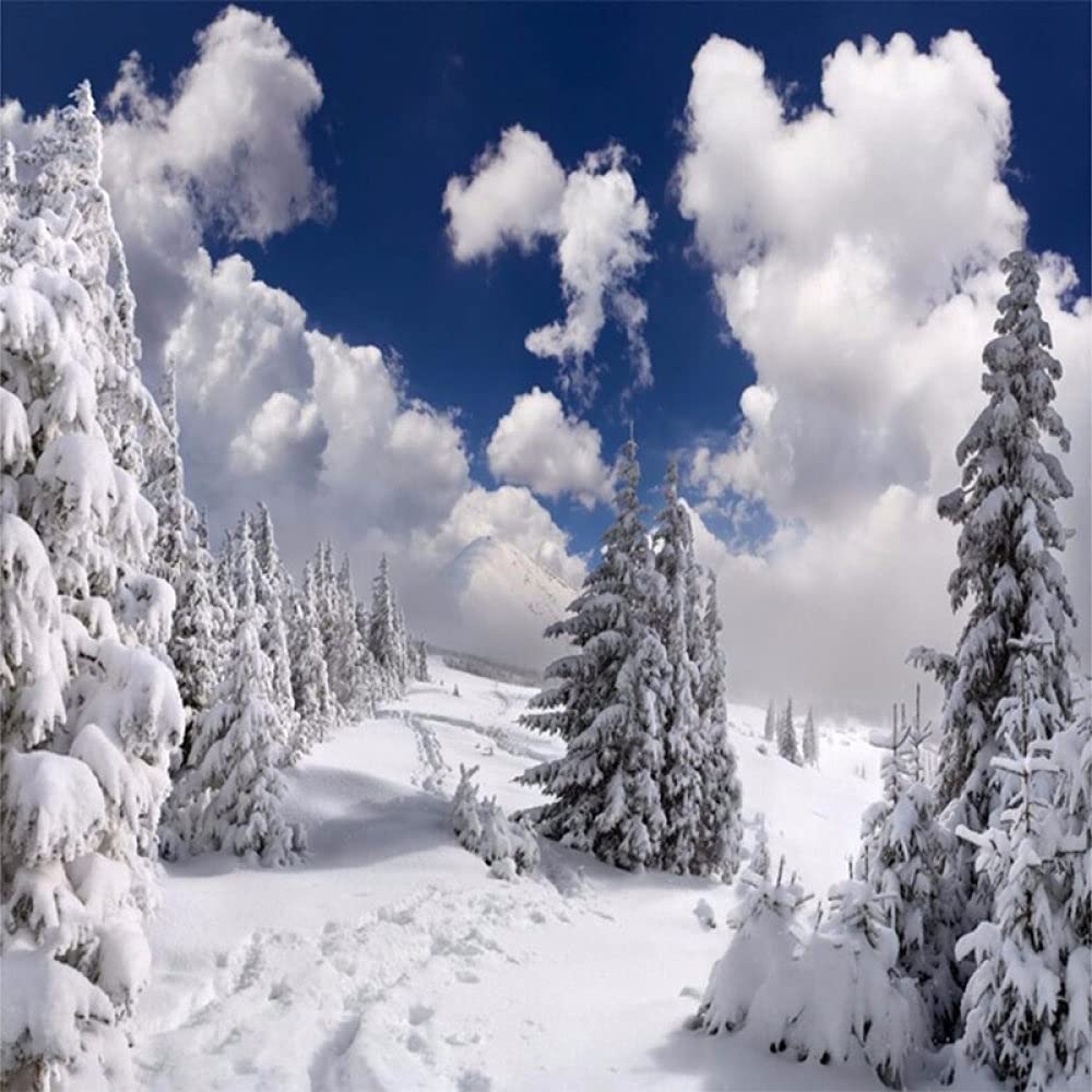 Modern Blue Sky Clouds Christmas Tree White Snow Scene Self-Adhesive Contact Paper for Cabinets - Peel and Stick Removable Wallpaper Mural Vinyl - Perfect for Bedroom, Kitchen & Home Decor