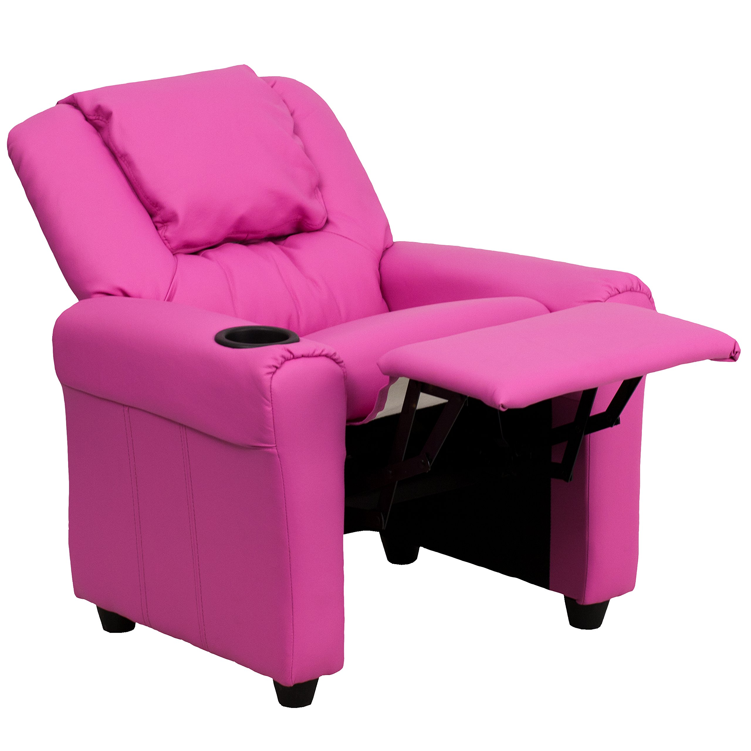 MFO Contemporary Hot Pink Vinyl Kids Recliner with Cup Holder & Headrest - Comfortable Children's Chair for Playroom, Bedroom or TV Watching
