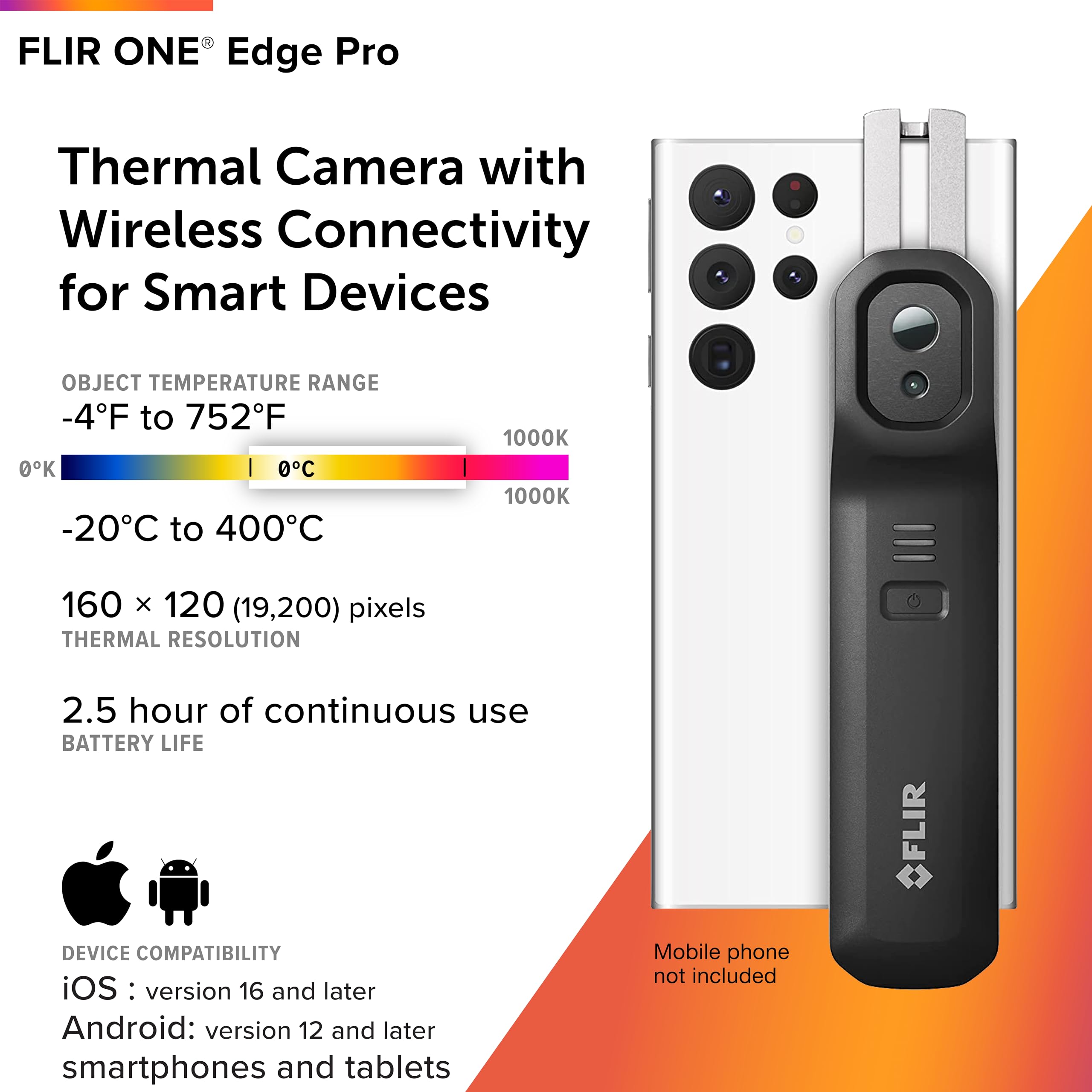 FLIR ONE EDGE PRO - Wireless Bluetooth Thermal Imaging Camera for Smartphones | 160x120 High Resolution | iOS & Android Compatible | Perfect for Home Inspection, HVAC, Electrical Work & Outdoor Adventures