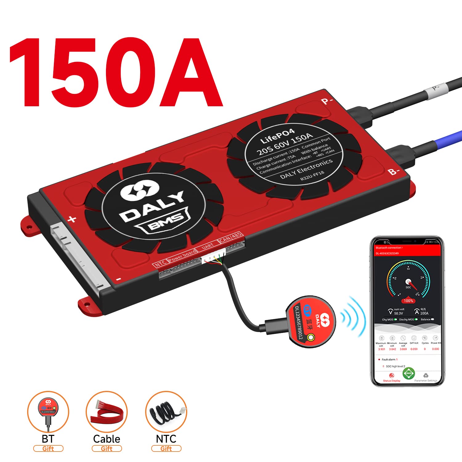 DALY Smart BMS LiFePo4 20S 60V 150A Battery Management System with UART/CAN/485/Bluetooth - PCB Module for 18650 Battery Packs - Perfect for Solar Energy Storage, Electric Vehicles & DIY Power Systems