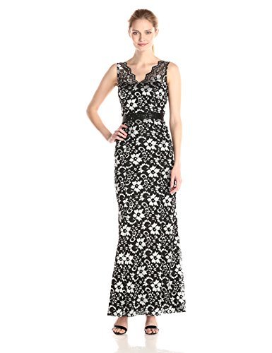 Betsy & Adam Women's Long Lace Scallop Neck Dress with Belt - Elegant Formal Gown for Weddings, Prom & Evening Events