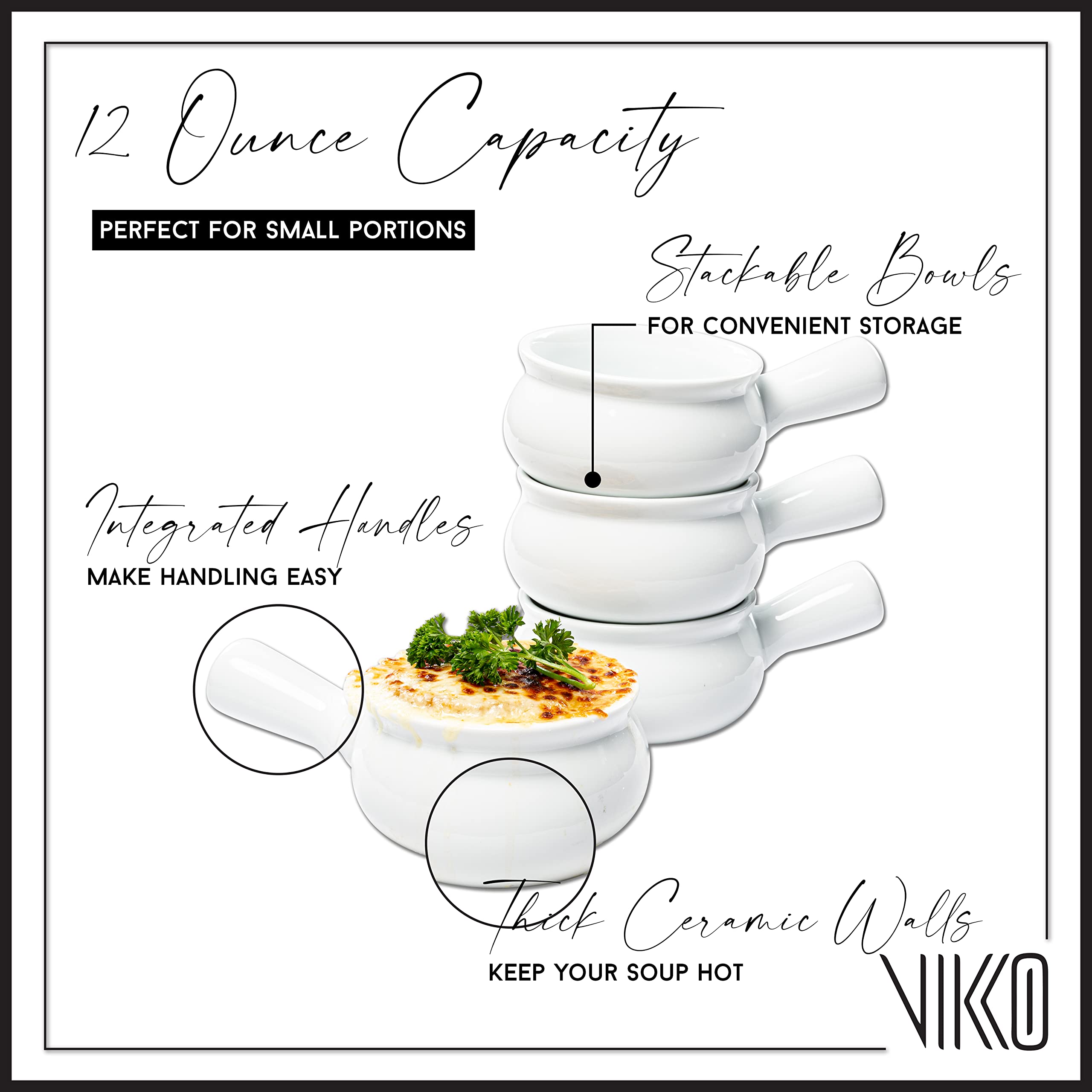 Vikko 10oz Porcelain Soup Bowls with Handles - Set of 2, Microwave & Oven Safe French Onion Soup Crocks - Perfect for Soups, Stews, Cereals & Baking (Dishwasher Safe)