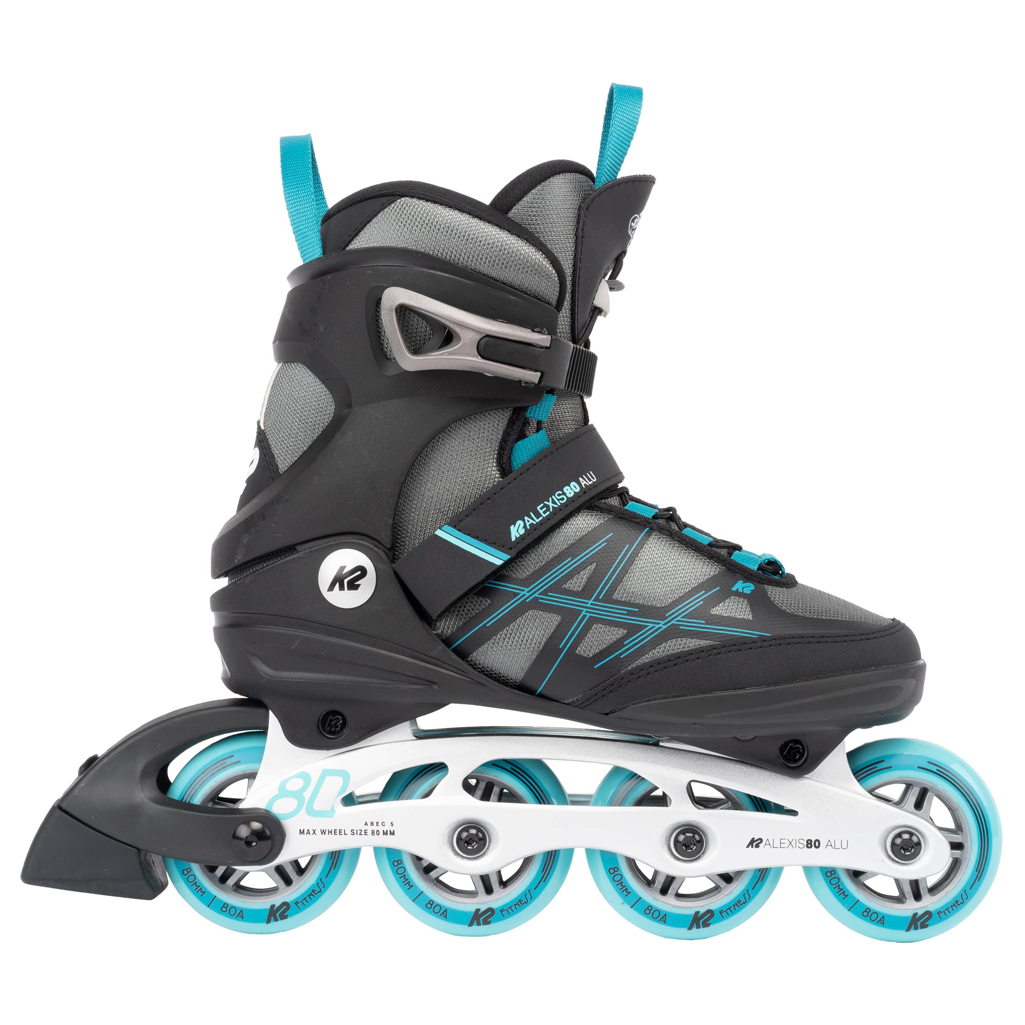 K2 Alexis 80 ALU Gray-Cyan Women's Inline Skates - Comfortable Fitness & Recreational Rollerblades for Outdoor Exercise, Park Cruising & Urban Skating