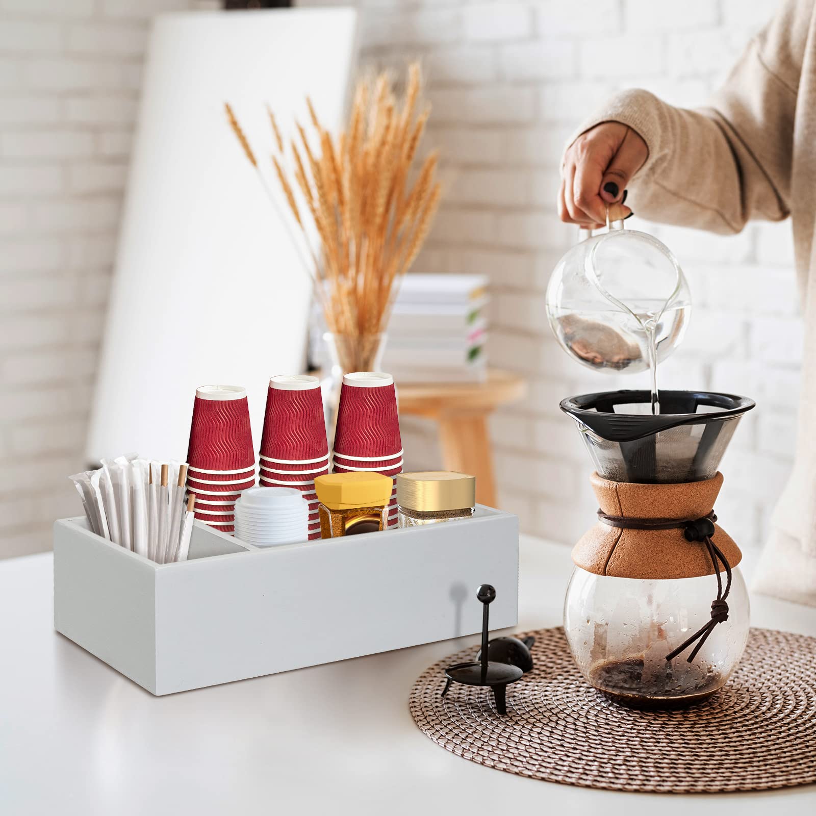 Wooden Paper Plate Holder & Utensil Caddy Organizer - Rustic Kitchen Countertop Dispenser for Plates, Cups, Forks, Spoons & Napkins - Perfect for Wedding, Party, BBQ & Home Organization