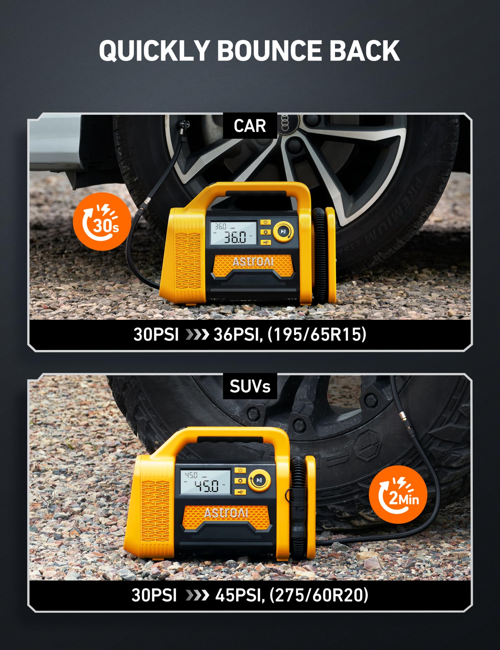 AstroAI TC3 150PSI Portable Air Compressor - Digital Tire Inflator for Cars, Trucks, SUVs & RVs | Heavy Duty Offroad Air Pump with LCD Display | Ideal for Road Trips, Emergency Flat Tires & 4x4 Adventures (Yellow)
