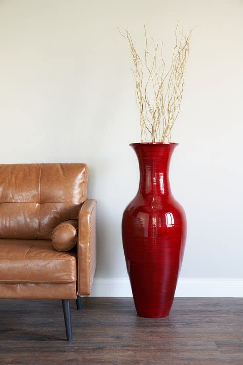 36-Inch Green Floral Classic Bamboo Floor Vase - Handmade Home Decor for Dried Flowers, Branches & Fillers | Elegant Dining Room & Living Room Centerpiece (Mahogany Red) | Perfect for Farmhouse, Boho & Modern Interior Design