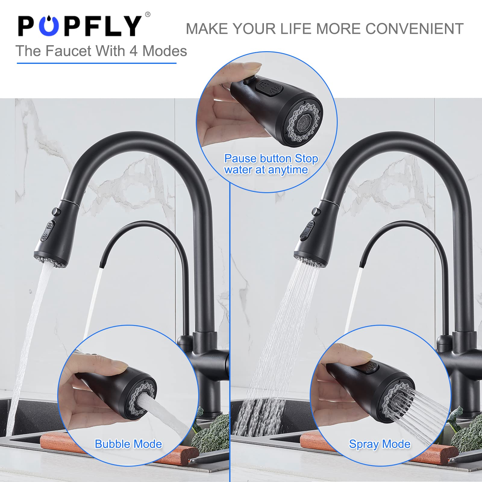 POPFLY 3-in-1 Kitchen Sink Faucet with Water Filter & Pull Down Sprayer - Matte Black Brass Drinking Water Faucet for Clean Filtered Water - Perfect for Modern Kitchens, Home Renovations & Healthy Cooking