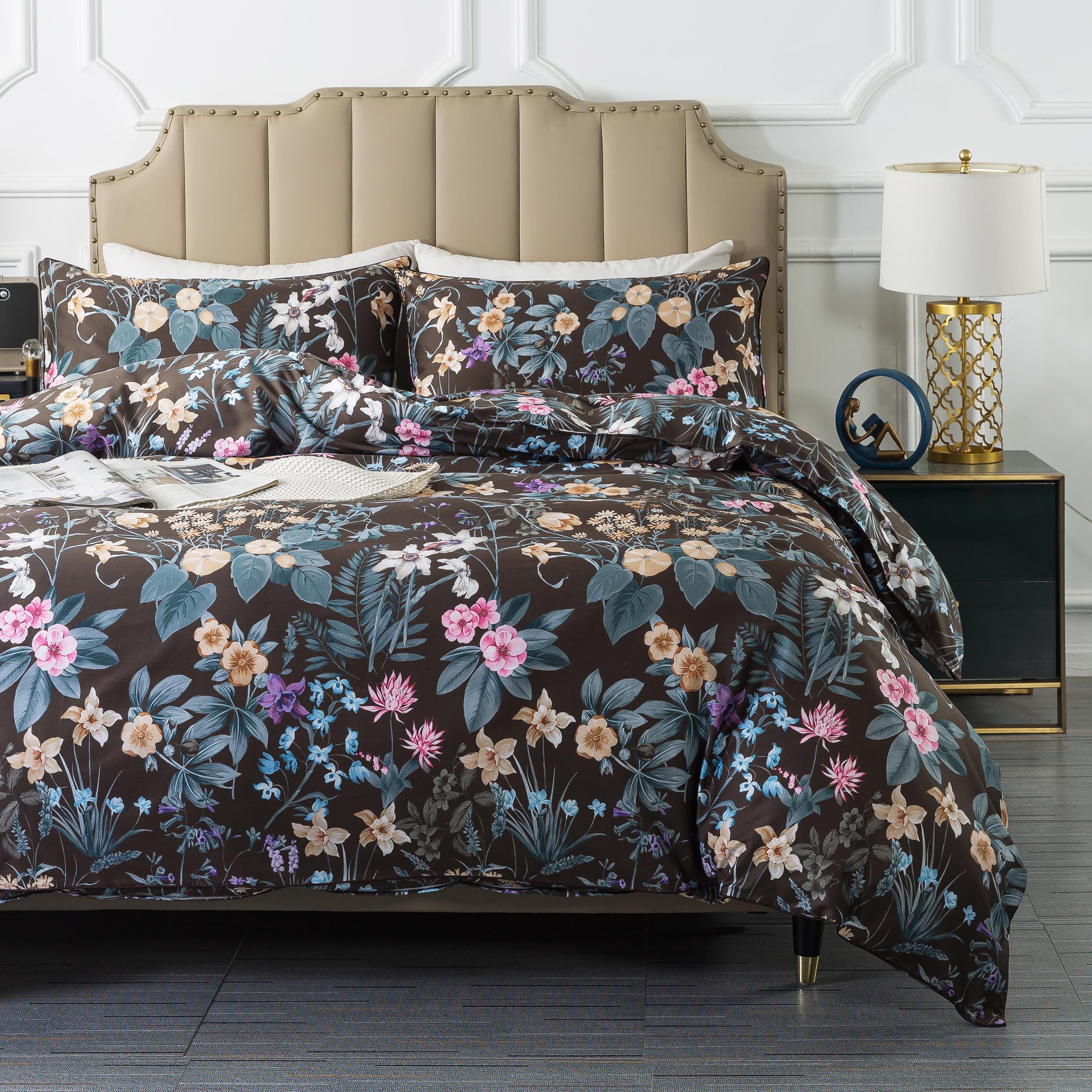 Vintage Floral Duvet Cover Set Queen Size - 3 Piece Boho Chic Bedding Collection with Shabby Flower Leaves Pattern, 100% Cotton Dark Brown - Perfect for Bohemian Bedroom Decor & Guest Room Styling