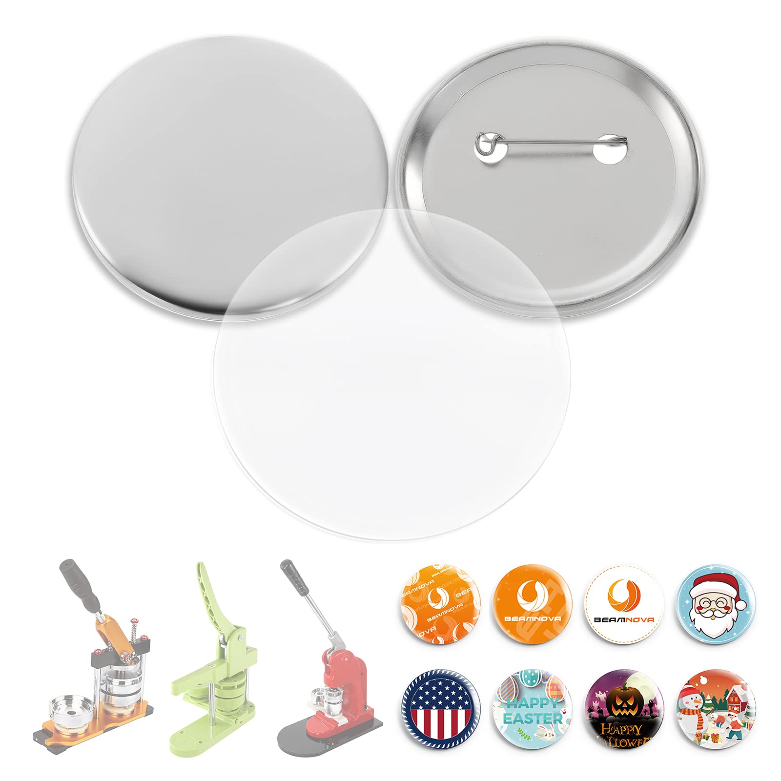 BEAMNOVA 200 Sets 25mm (1 Inch) Metal Button Parts Kit for Button Maker Machine - Includes Metal Top, Clip Bottom & Plastic Film - DIY Craft Supplies for Badges, Pins & Accessories - Perfect for School Projects, Events & Gifts