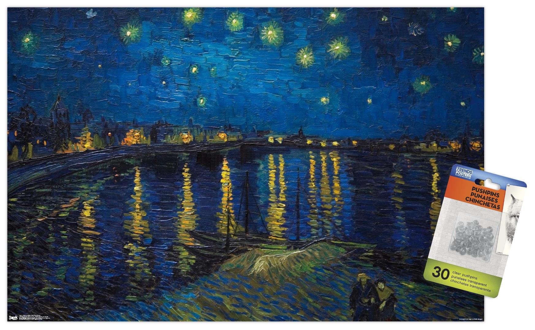 Starry Night over The Rhone Canvas Wall Art - Van Gogh Inspired Painting Poster with Push Pins - Perfect for Home, Office & Classroom Decor
