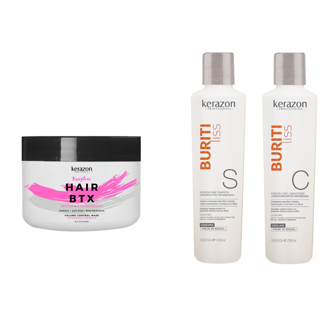 KERAZON Brazilian Hair BTX Treatment Kit - Sulfate Free & Sodium Free Shampoo & Conditioner for All Hair Types | Deep Conditioning, Frizz Control & Hair Repair for Smooth, Shiny Hair at Home or Salon